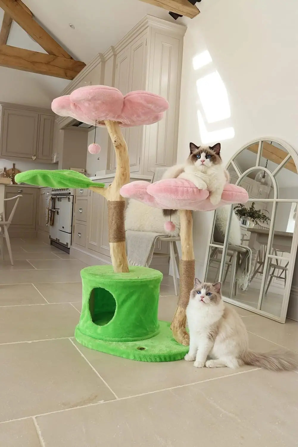 Wood Floral Cat Tree Tower Modern Cat House Furniture Gift Luxury Condo Flower Cherry Blossom