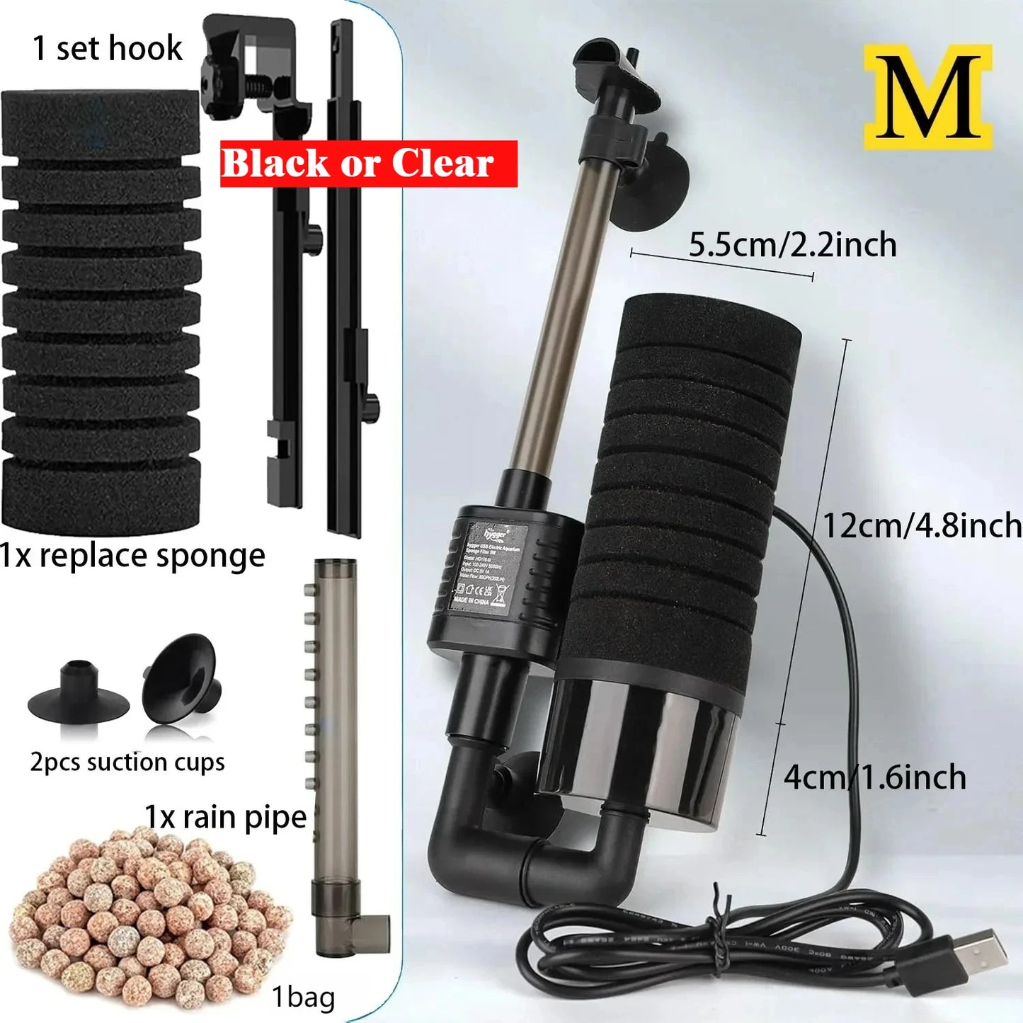 USB Small Aquarium Filter, Single Sponge Filter, with Suction Cup or Adjustable Hanging Clip, Dual Purpose Fish Bowl Tank Filter