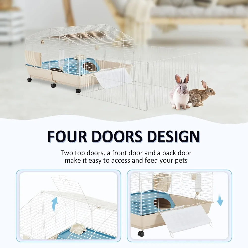 67" L Rolling Rabbit Cage with Foldable Playpen, Small Animal Cage, Guinea Pig Cages with Ramp/Water Bottle/Hay Feeder Chinchilla