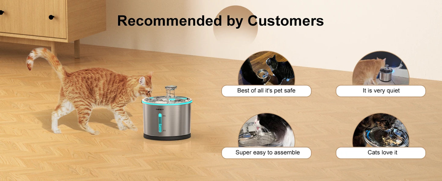 Cat Water Fountain Stainless Steel, 50oz/1.5L Dishwasher Safe Pet Water Fountain with Visible Window Light for Cats
