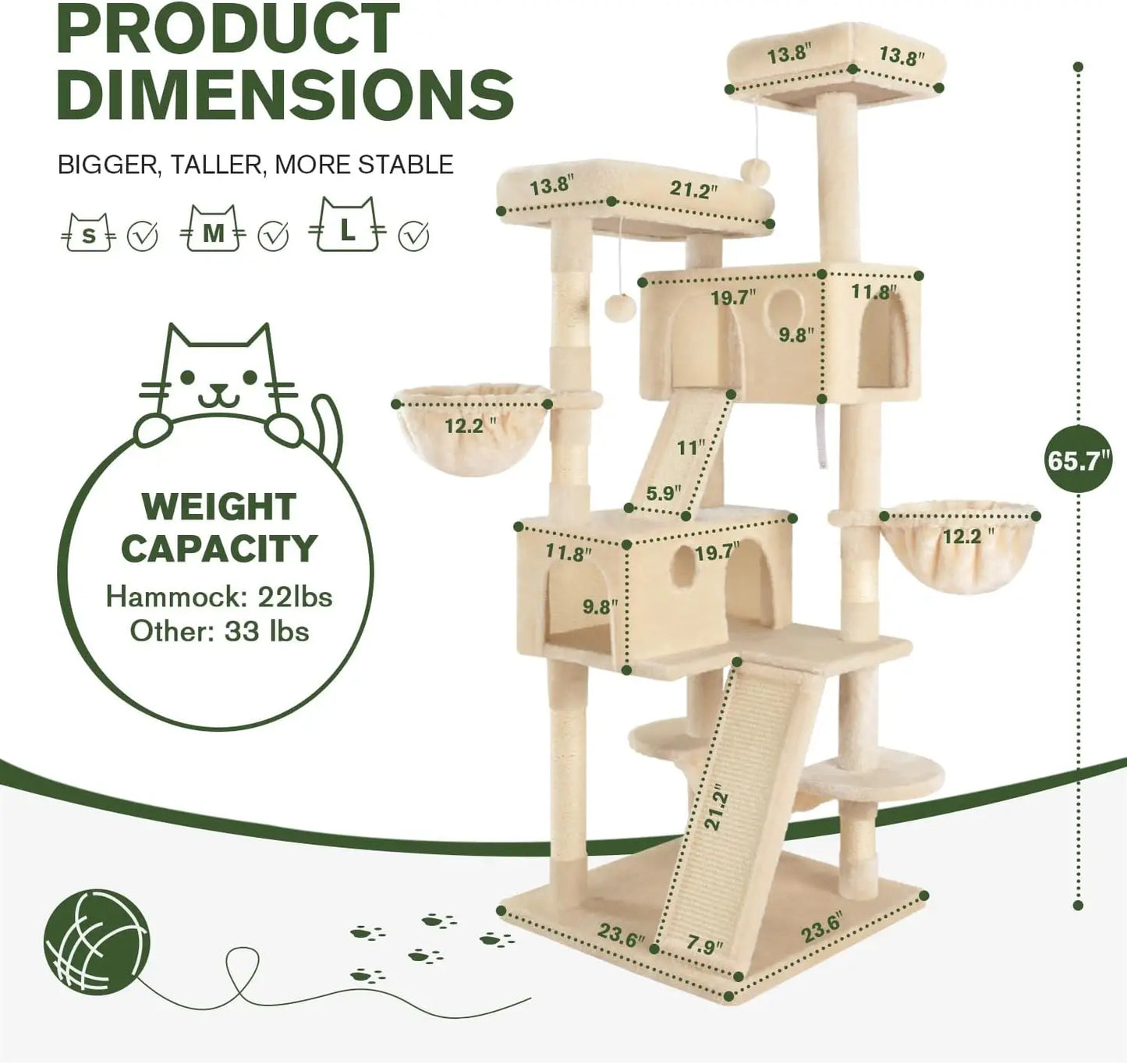 66 Inches tall Multi-Level Large Cat Tree Tower for Indoor Big Cats/Cozy Plush Perches/Cat Condo/Sisal Scratching Posts