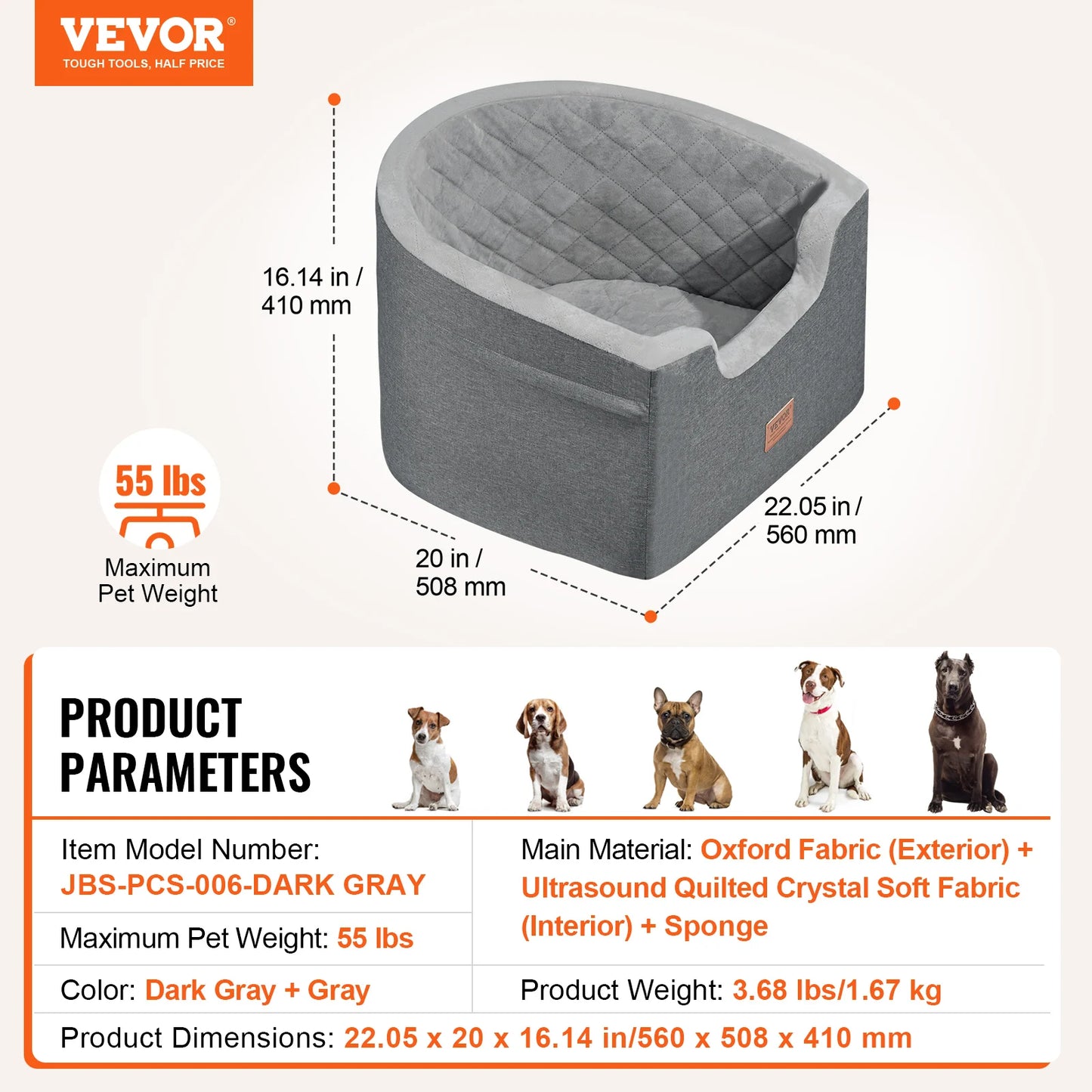 VEVOR Dog Car Seat Waterproof Dog Booster Seat Pet Car Seat with Clip-On Safety Leash PP Cotton Car Bed for Medium & Large Dog