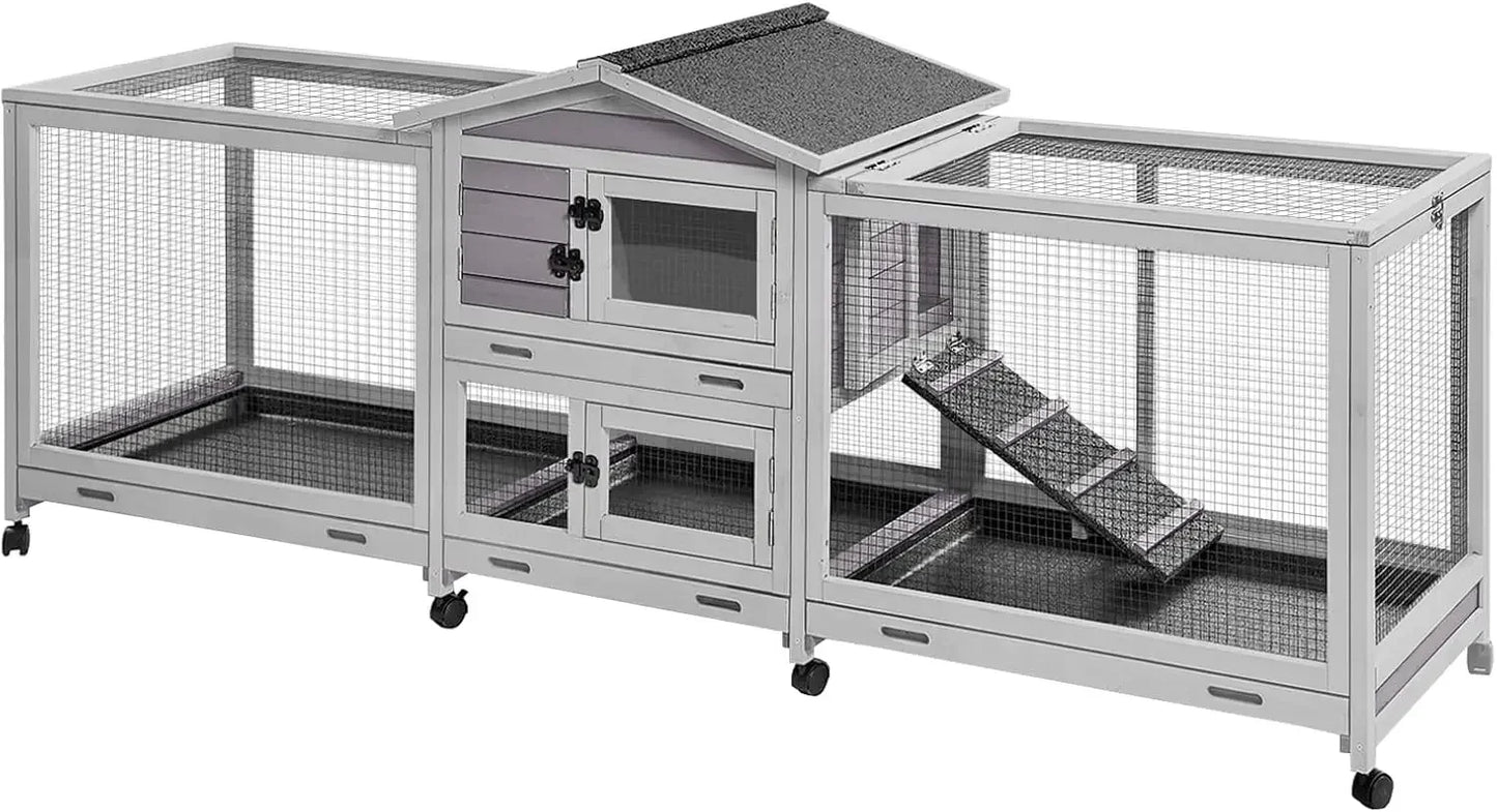 Rabbit Hutch Indoor Outdoor Bunny House Bunny Cage on Wheels with Plastic Tray-47inch