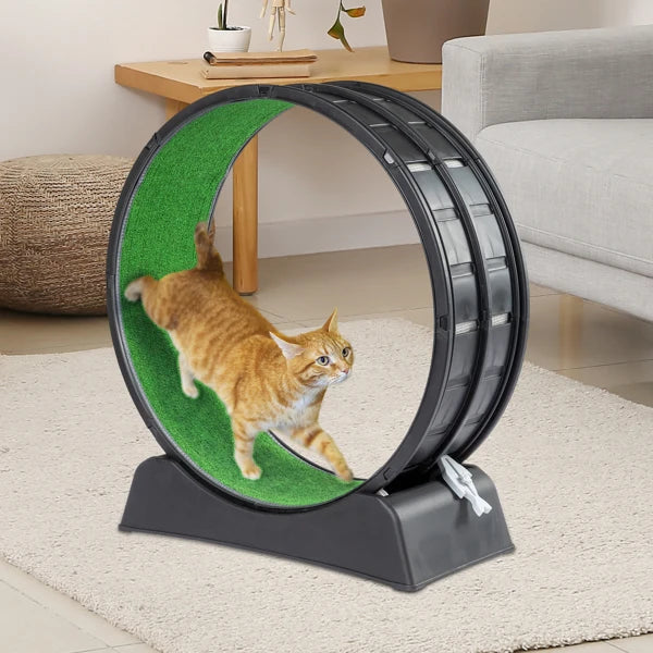 Cat Treadmill Wheel Exerciser with Carpeted Runway, Plastic Cat Running Wheel for Cats Daily Exercise and Weight Loss, Black