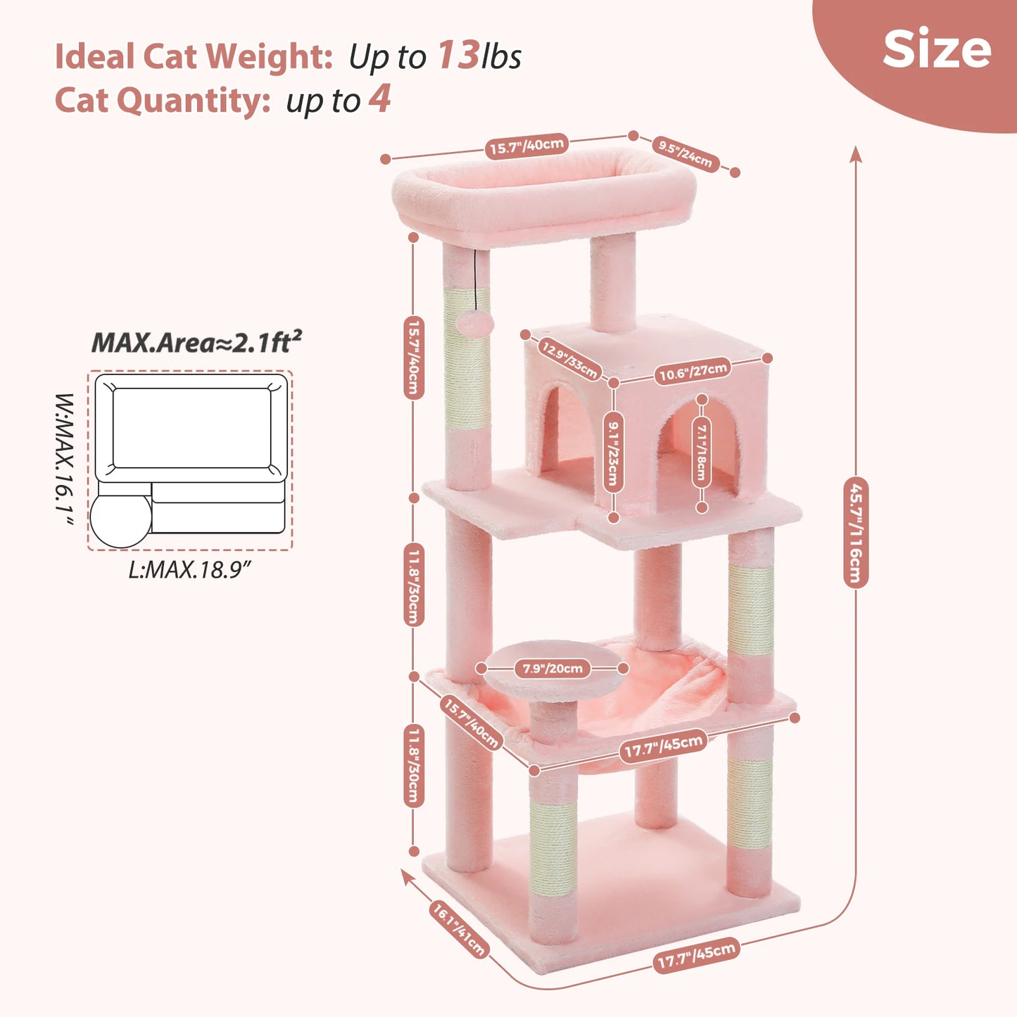 Cat Tree for Indoor Cats, 5-Level Cat Tower for Large Cats with Metal Frame Large Hammock Cat Condo with Big Top Perch
