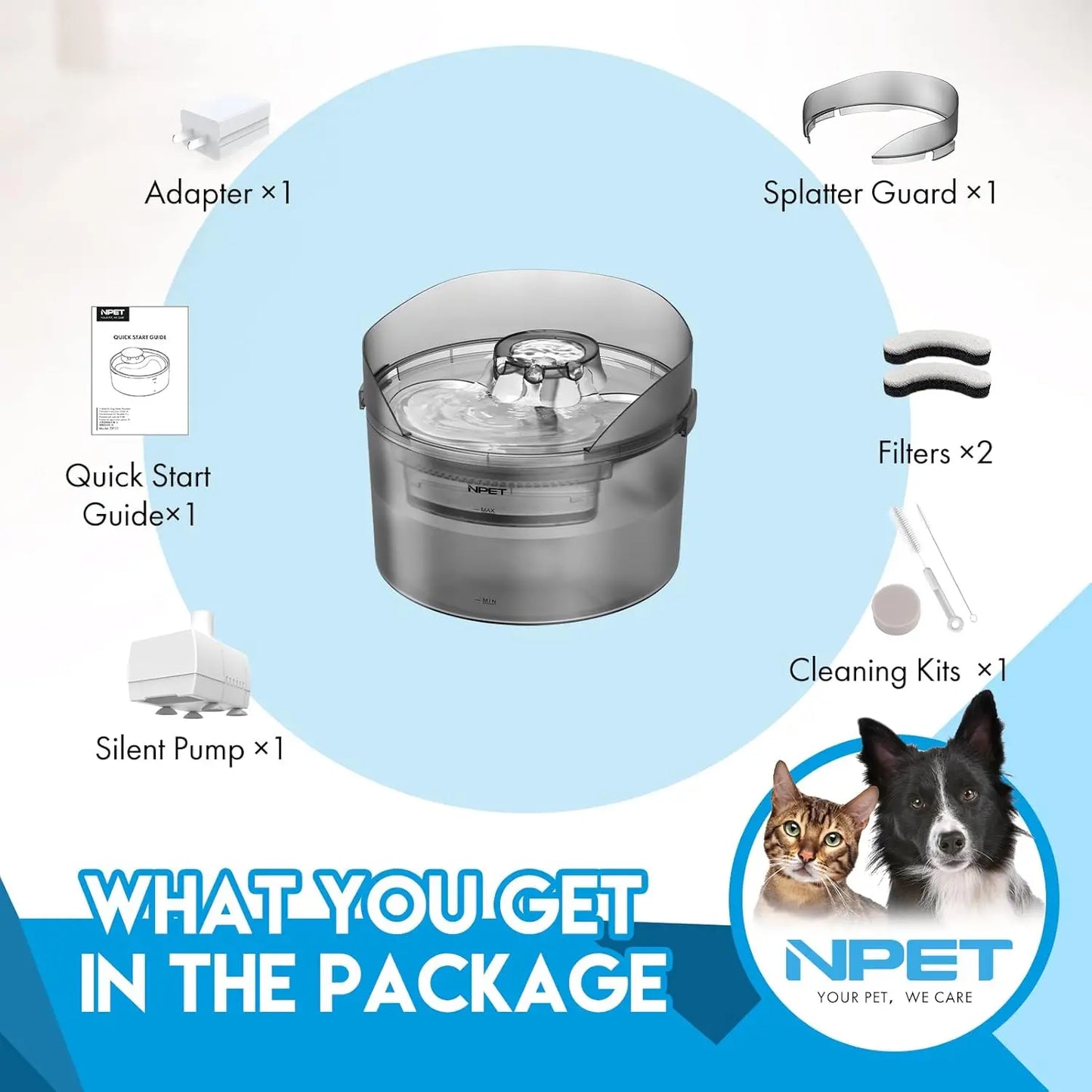 NPET DF30 Large Automatic Dog Water bowl 2 Gallon/270oz/8L with Splatter Guard for Large Dogs