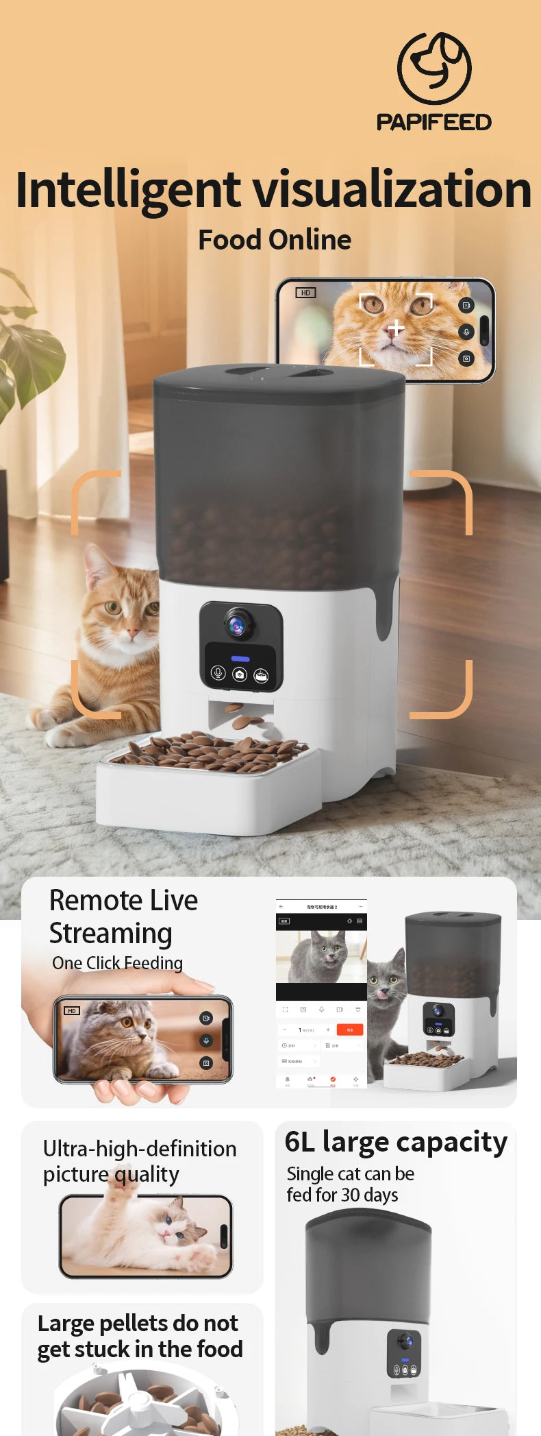 Cat automatic feeder visual cat food dog food WiFi intelligent timed quantitative pet food dispenser 6L video model cat
