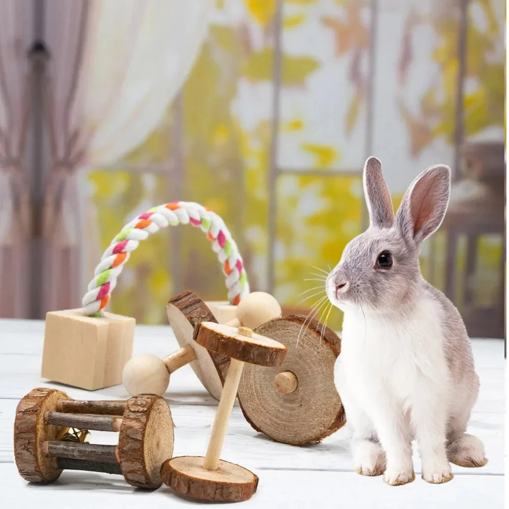 Guinea Pig Rabbit Hamster Small Animal Play Pet Roller Toys Natural Wooden Pine Dumbbells Unicycle Bell Chew Chewing Braided Ball