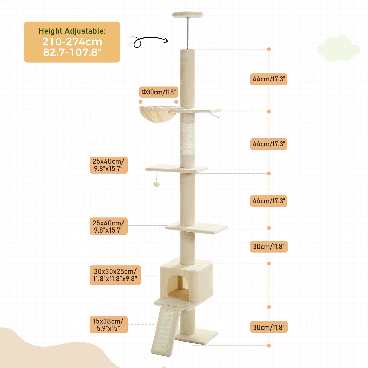 Adjustable Height 210-274CM Cat Tree Floor to Ceiling Tall Cat Climbing Tower with Cozy Condo Hammock Scratching Post Platforms