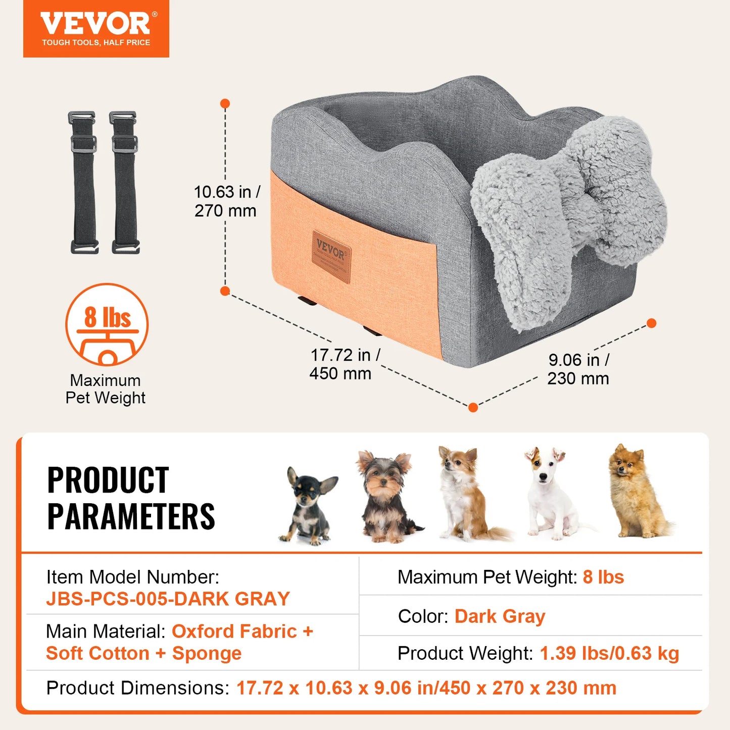 VEVOR Dog Car Seat Waterproof Dog Booster Seat Pet Car Seat with Clip-On Safety Leash PP Cotton Car Bed for Medium & Large Dog