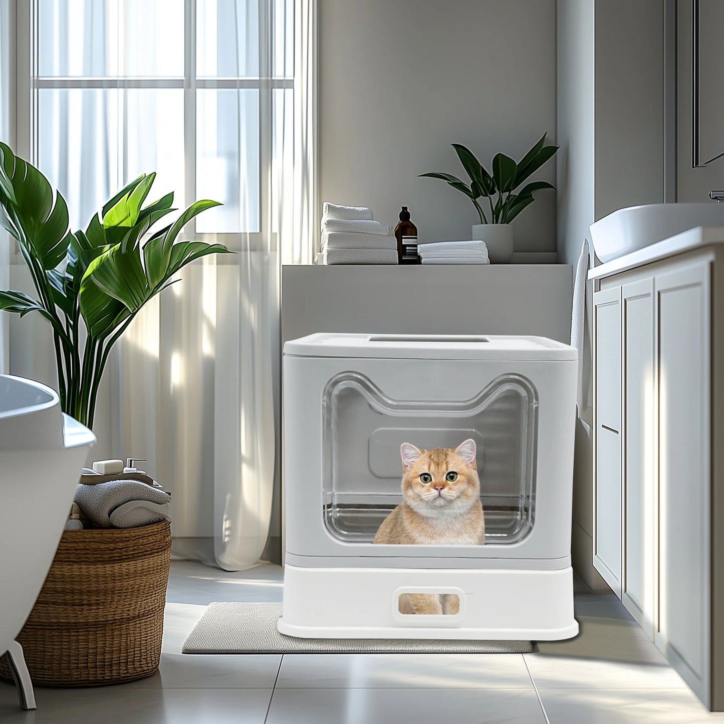 Bingopaw Stainless Steel Cat Litter Box with Lid Front Entry and Top Exit Toilet Box with Litter Scoop for Kittens, Easy Cleaning