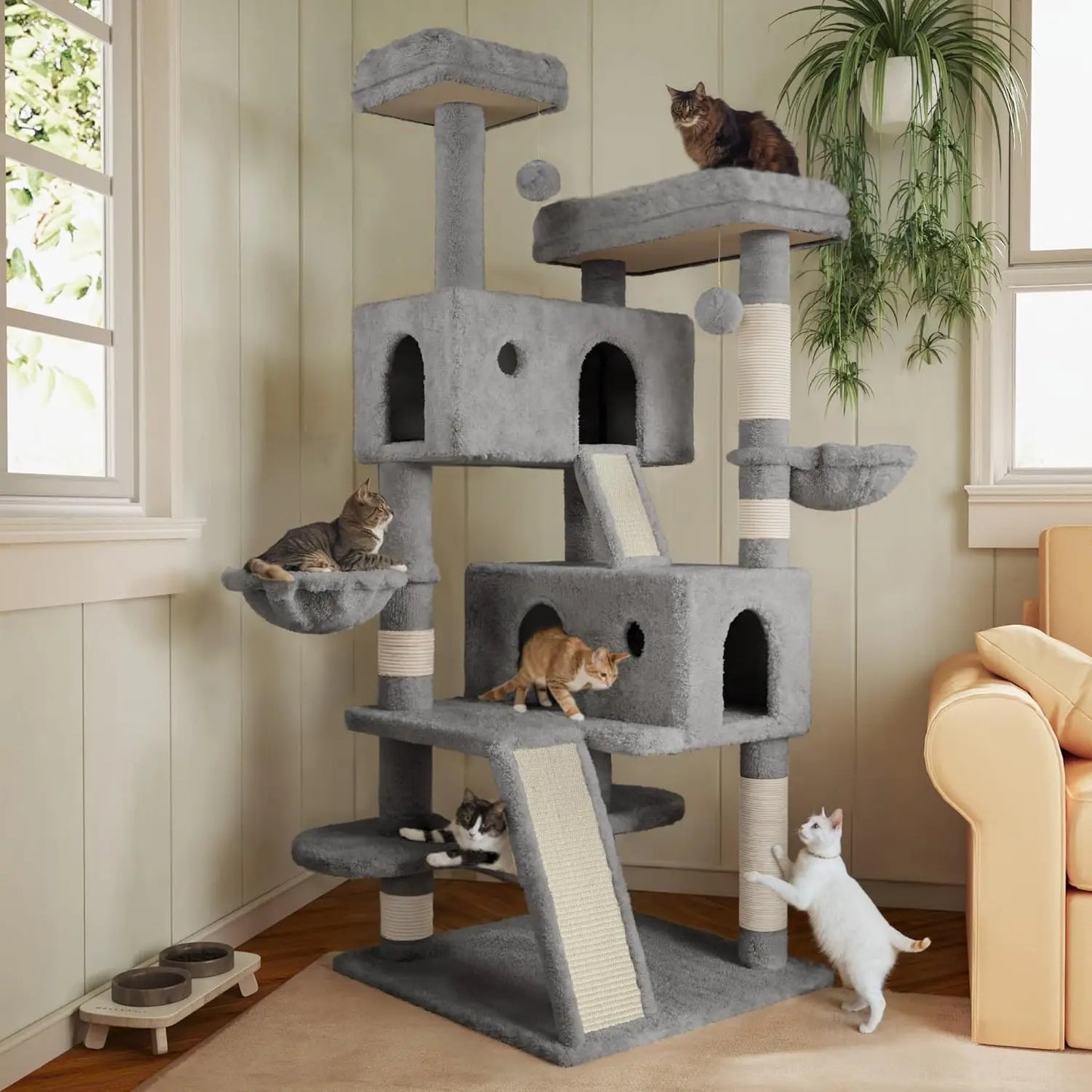 66 Inches tall Multi-Level Large Cat Tree Tower for Indoor Big Cats/Cozy Plush Perches/Cat Condo/Sisal Scratching Posts
