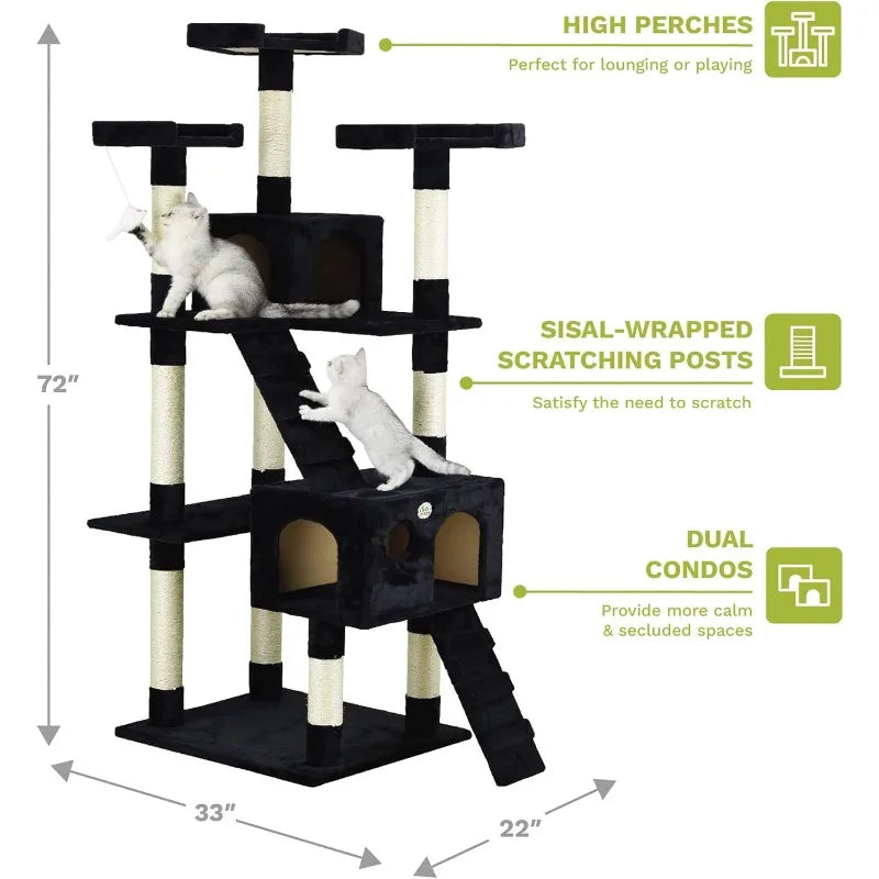 72" Tall Cat Tree Tower with Cat Condos - Large Cat Tree - Tower for Indoor Cats - Play Scratch Hide Climb Activity