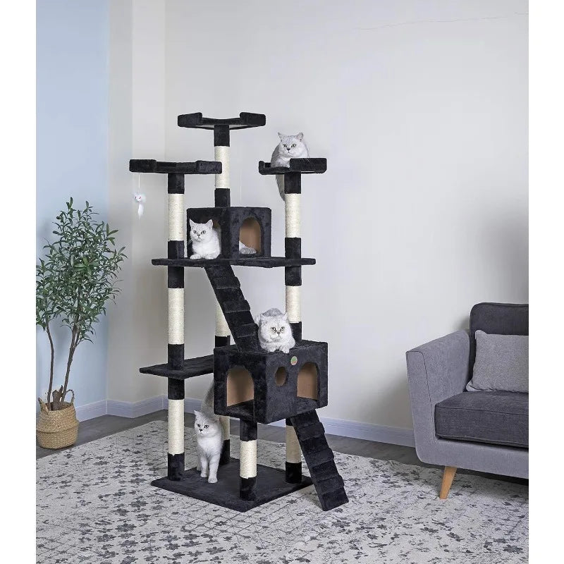 72" Tall Cat Tree Tower with Cat Condos - Large Cat Tree - Tower for Indoor Cats - Play Scratch Hide Climb Activity