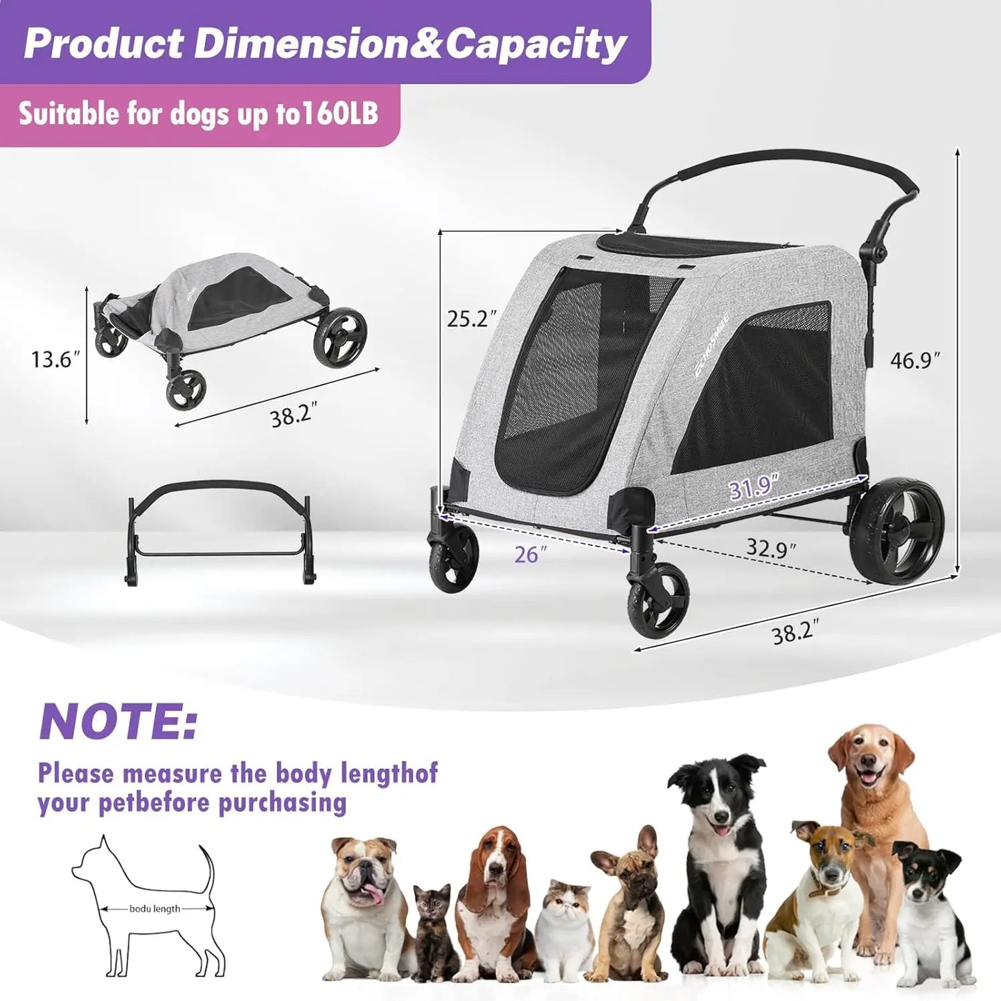 XL Extra Large Dog Stroller Adjustable Handles, Lightweight Folding Pet Stroller for 2 Medium Dogs Dual Entry