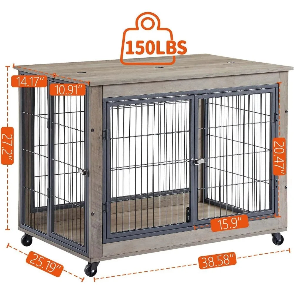 Dog Crate Furniture, Wooden Table, Dog Kennel with 3 Doors, Flip-up Top Opening and Wheels, Decorative Pet Crate House
