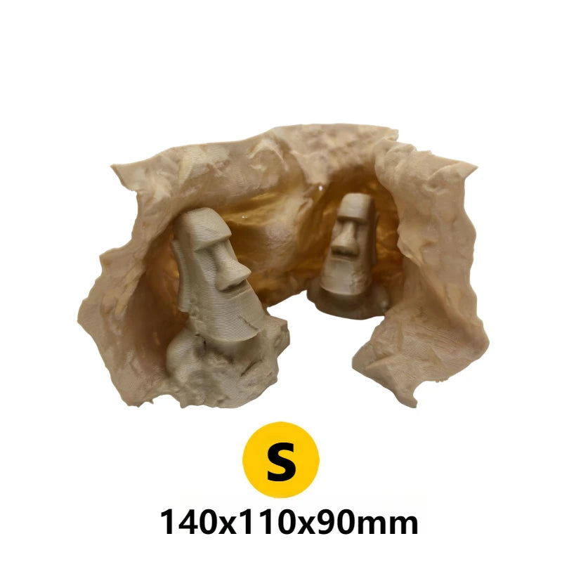 Simulated Rock Cave with Undulating Substrate Sand Terrain, Easter Island Heads Themed Aquascape, Hiding House for Fish & Shrimp