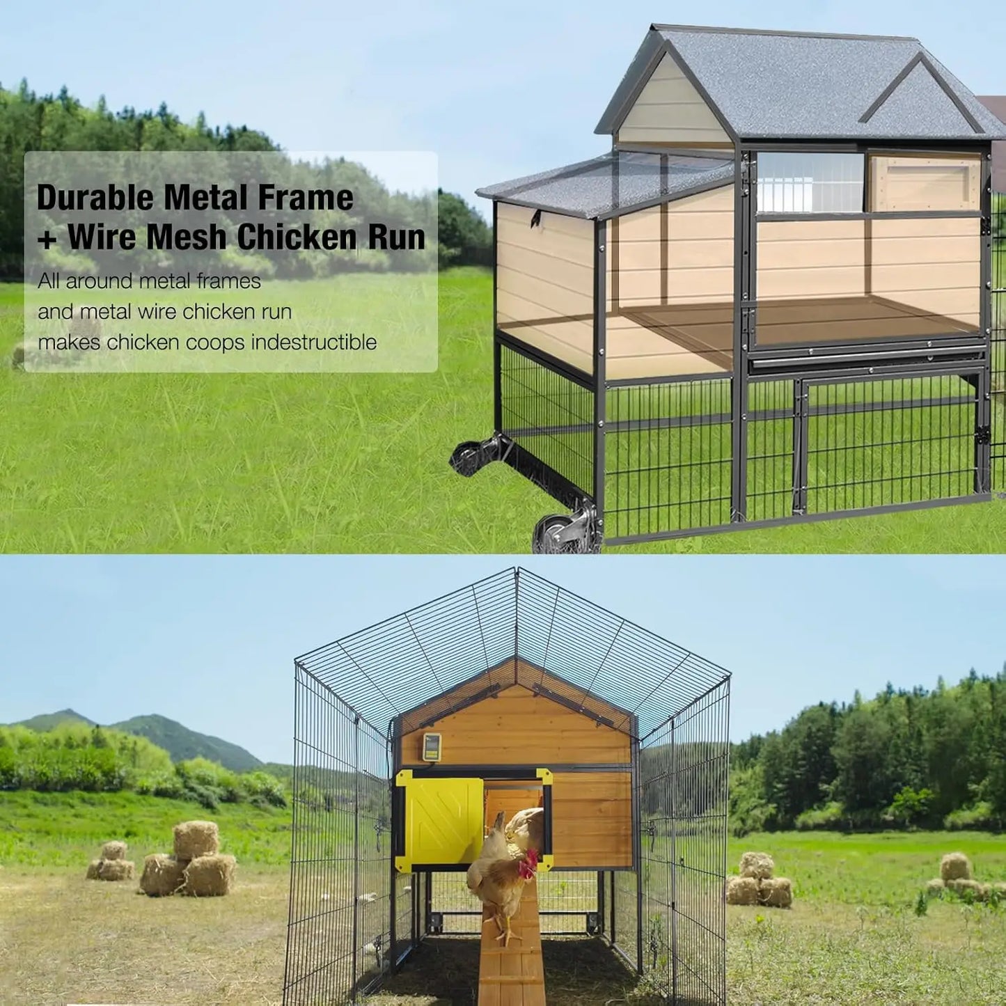 Large Chicken Coop with Metal Frame Mobile Hen House Poultry Cage with Wheels for 4-6 Chickens 85" L