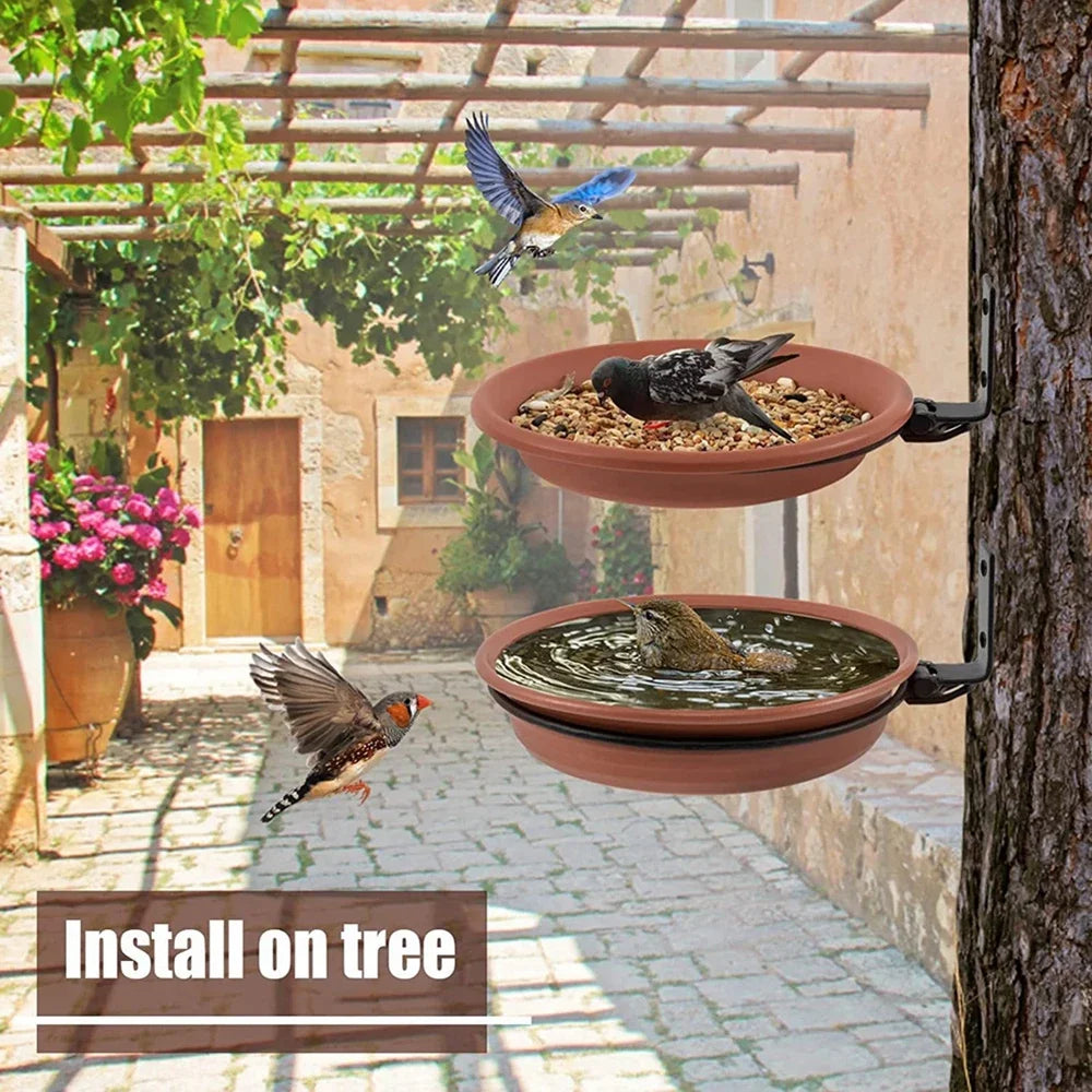 Tree Mounted Bird Tray for Feeder Birds Bath Bowl Installed on Wooden Fence Wall Tree Deck Stakes with Heavy Duty Iron Ring