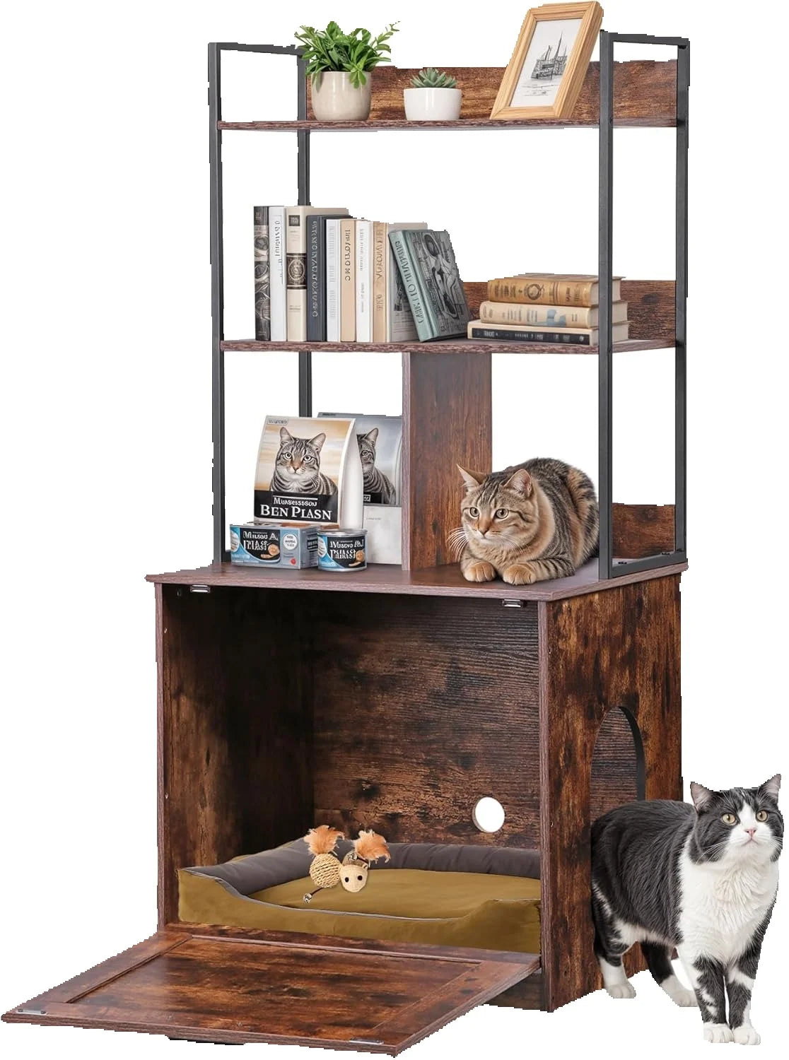 2-in-1 Cat Litter Box Enclosure with Storage Shelves, Hidden Cat Litter Box Enclosure Furniture with Entrance (Rustic Brown)