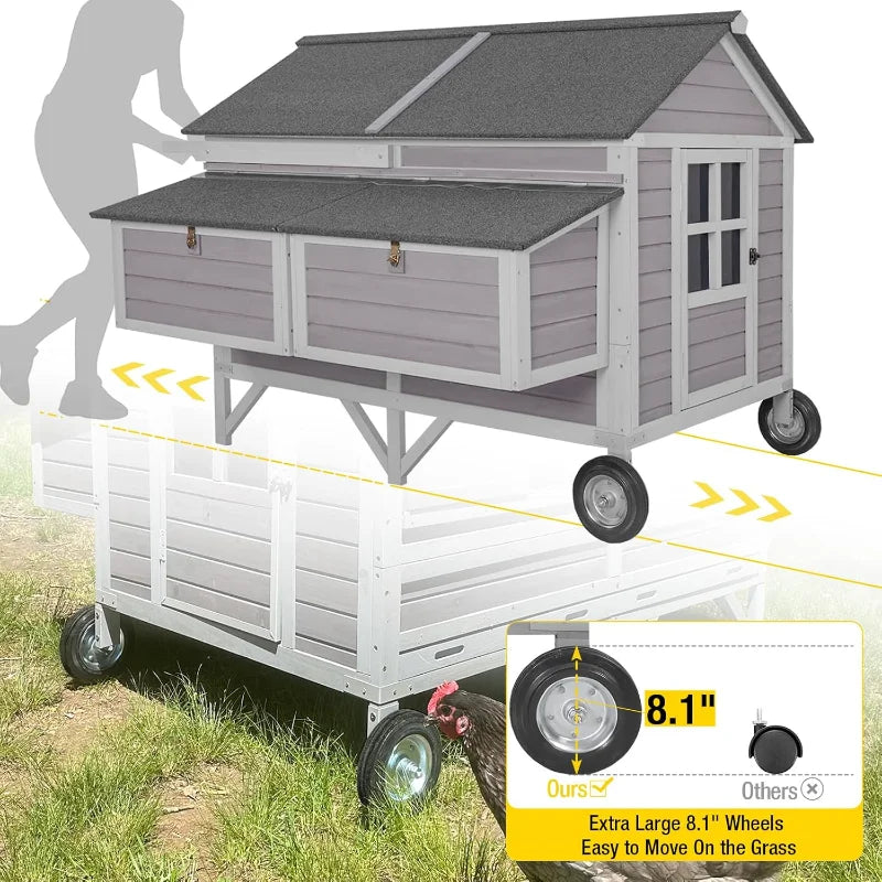 Chicken Coop Super Large Mobile Hen House with Wheels, Strong Iron Frame Outdoor Poultry Cage with Nesting Box, Duck Coop,