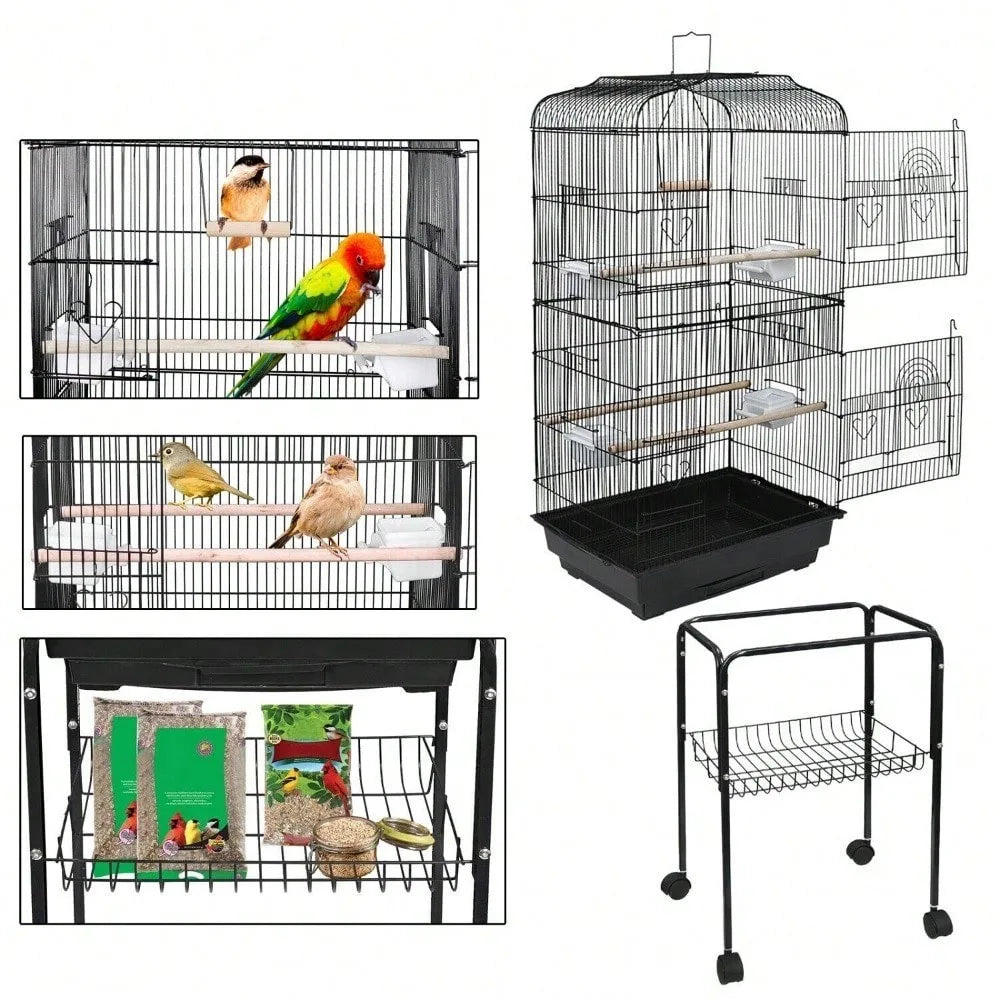 59''H Bird Cage Cockatiel Parakeet Finch Canary Home with Stand & Tray