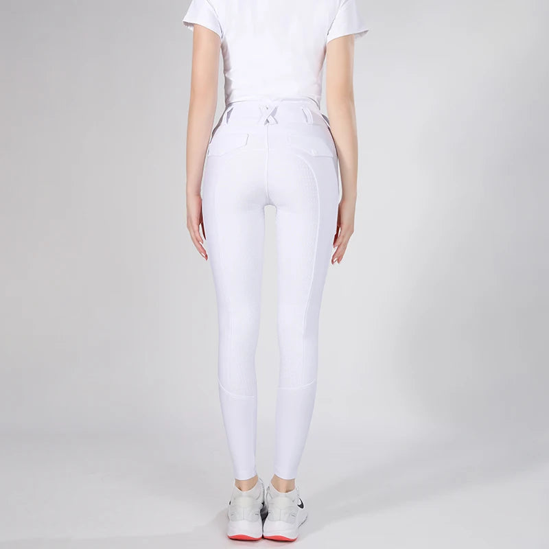 MXLLINA Button Zipper Horse Riding Pants Women Equestrian Leggings Breeches Competition Full Silicone Sports Tights