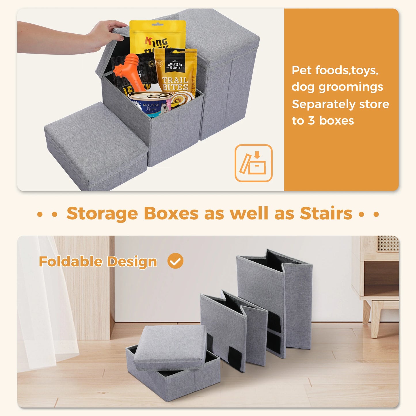 3-Tier Dog Stairs Foldable Pet Stair with Storage Box Adjustable Height Dog Steps for Small Old Dog Cat Non-Slip Pet Ramp Indoor