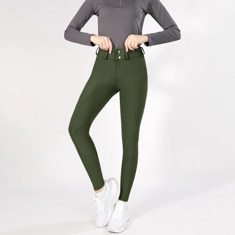 MXLLINA Button Zipper Horse Riding Pants Women Equestrian Leggings Breeches Competition Full Silicone Sports Tights