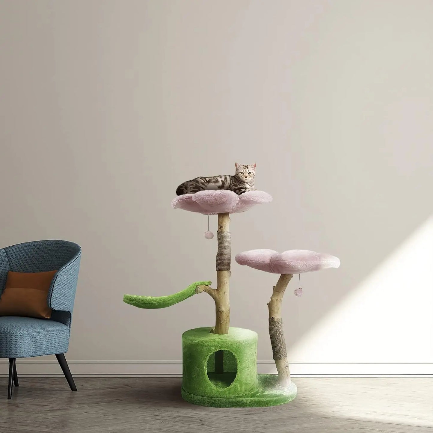 Wood Floral Cat Tree Tower Modern Cat House Furniture Gift Luxury Condo Flower Cherry Blossom