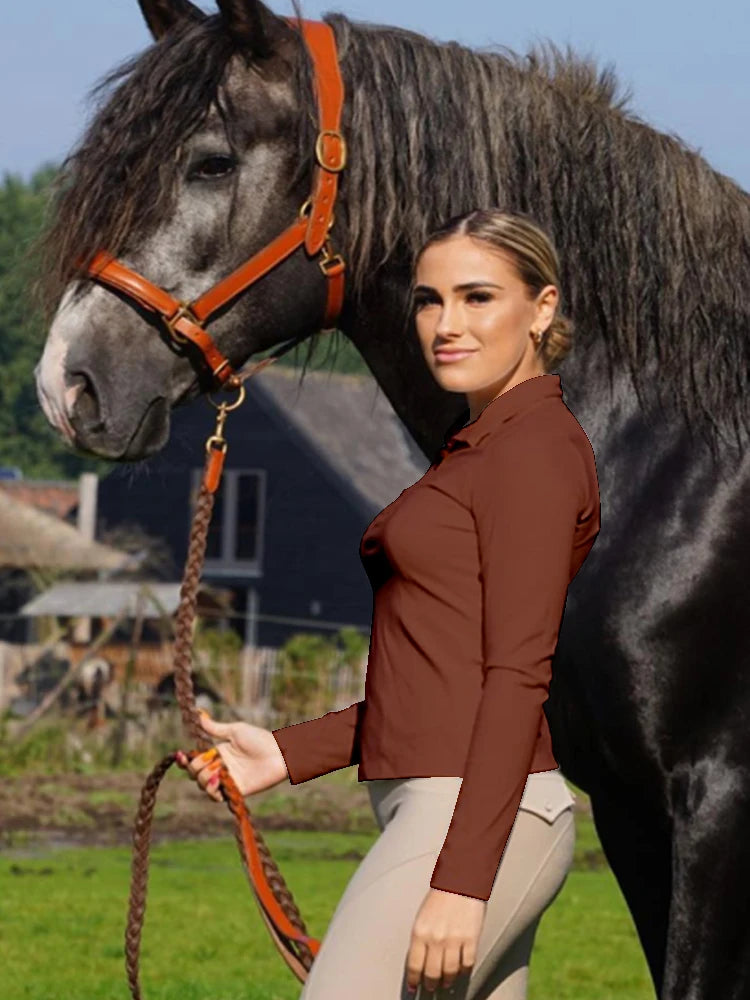 MXLLINA Burgundy Horse Riding T-Shirts Women Soft Equestrian Long Sleeve Tops Ladies Rider Show Base Layer T-shirt Wear Clothing
