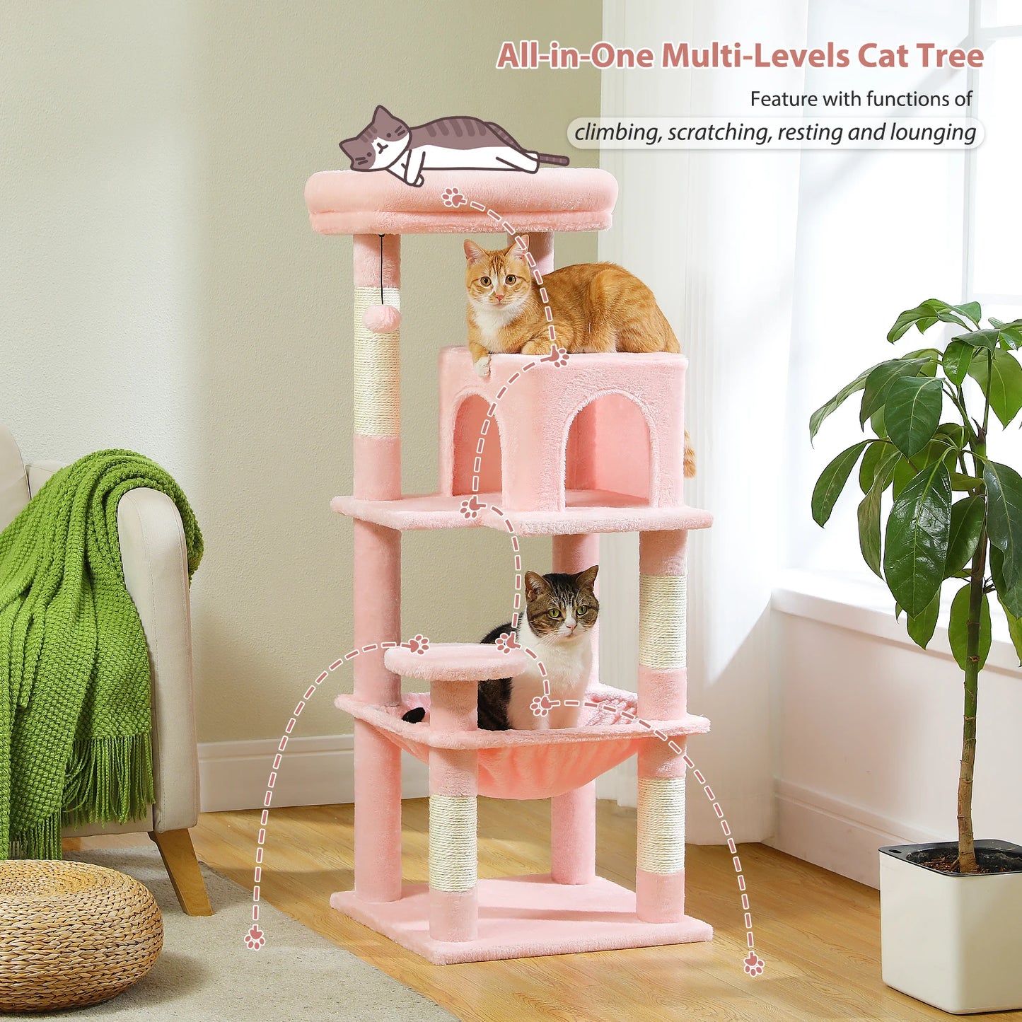 Cat Tree for Indoor Cats, 5-Level Cat Tower for Large Cats with Metal Frame Large Hammock Cat Condo with Big Top Perch
