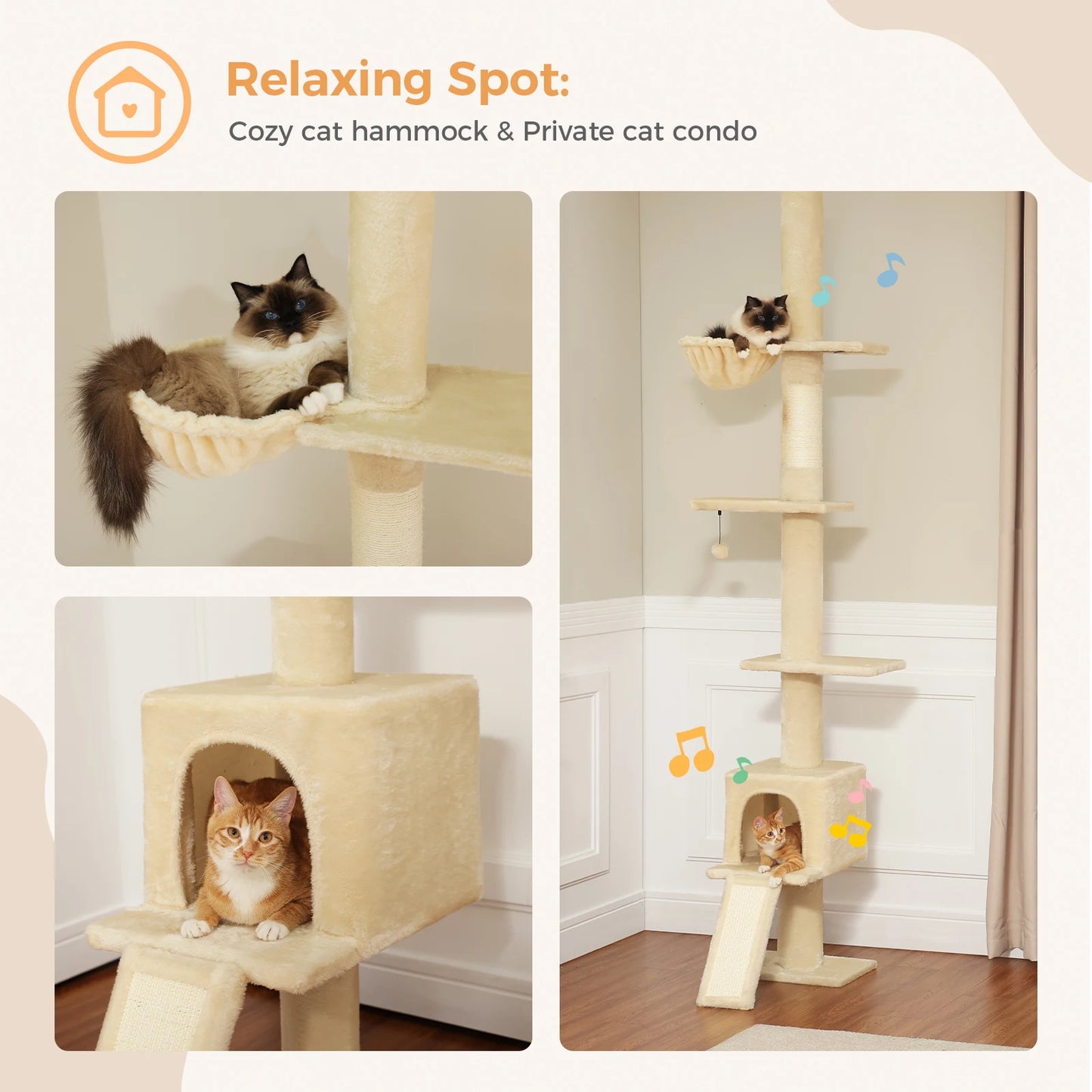 Adjustable Height 210-274CM Cat Tree Floor to Ceiling Tall Cat Climbing Tower with Cozy Condo Hammock Scratching Post Platforms