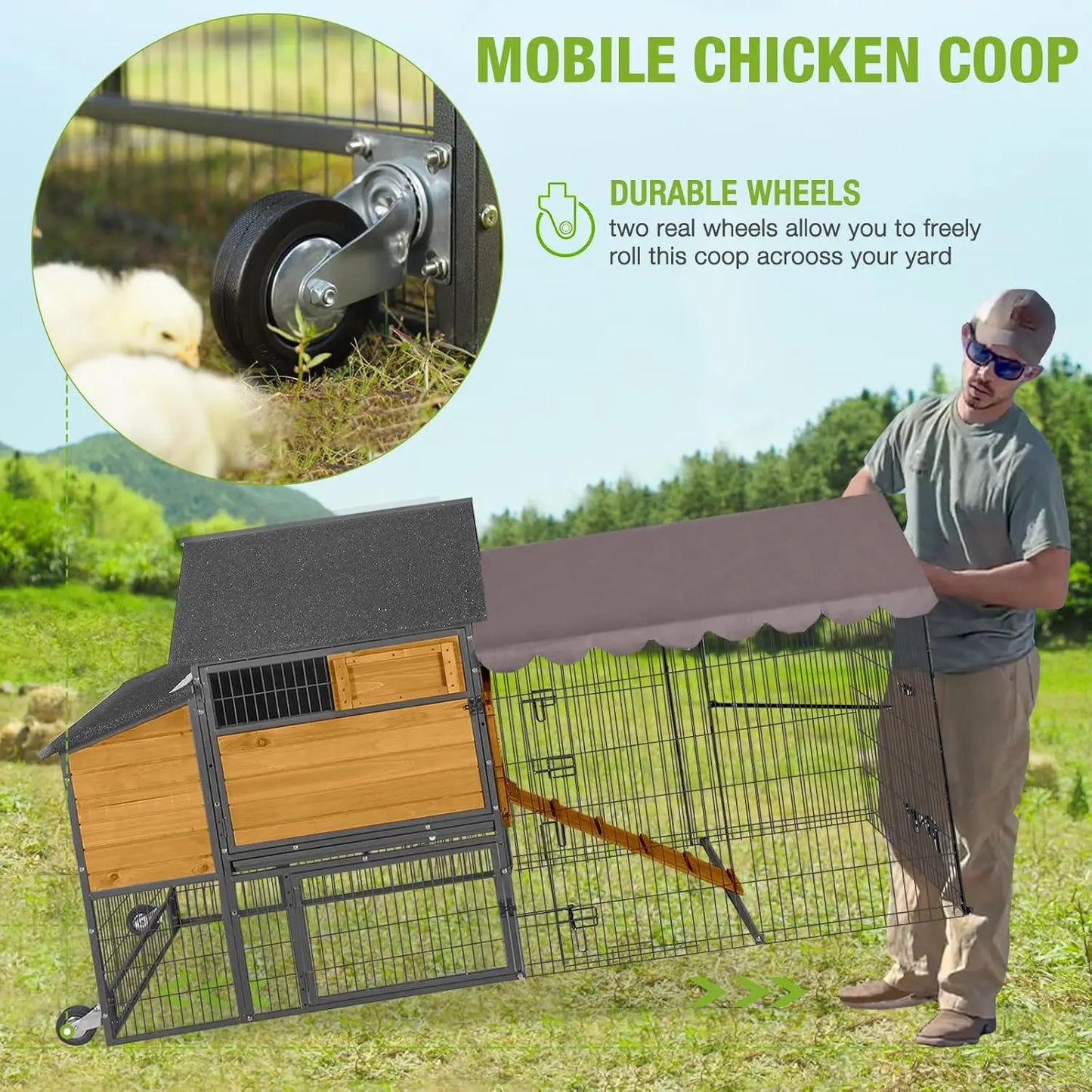 Large Chicken Coop with Metal Frame Mobile Hen House Poultry Cage with Wheels for 4-6 Chickens 85" L