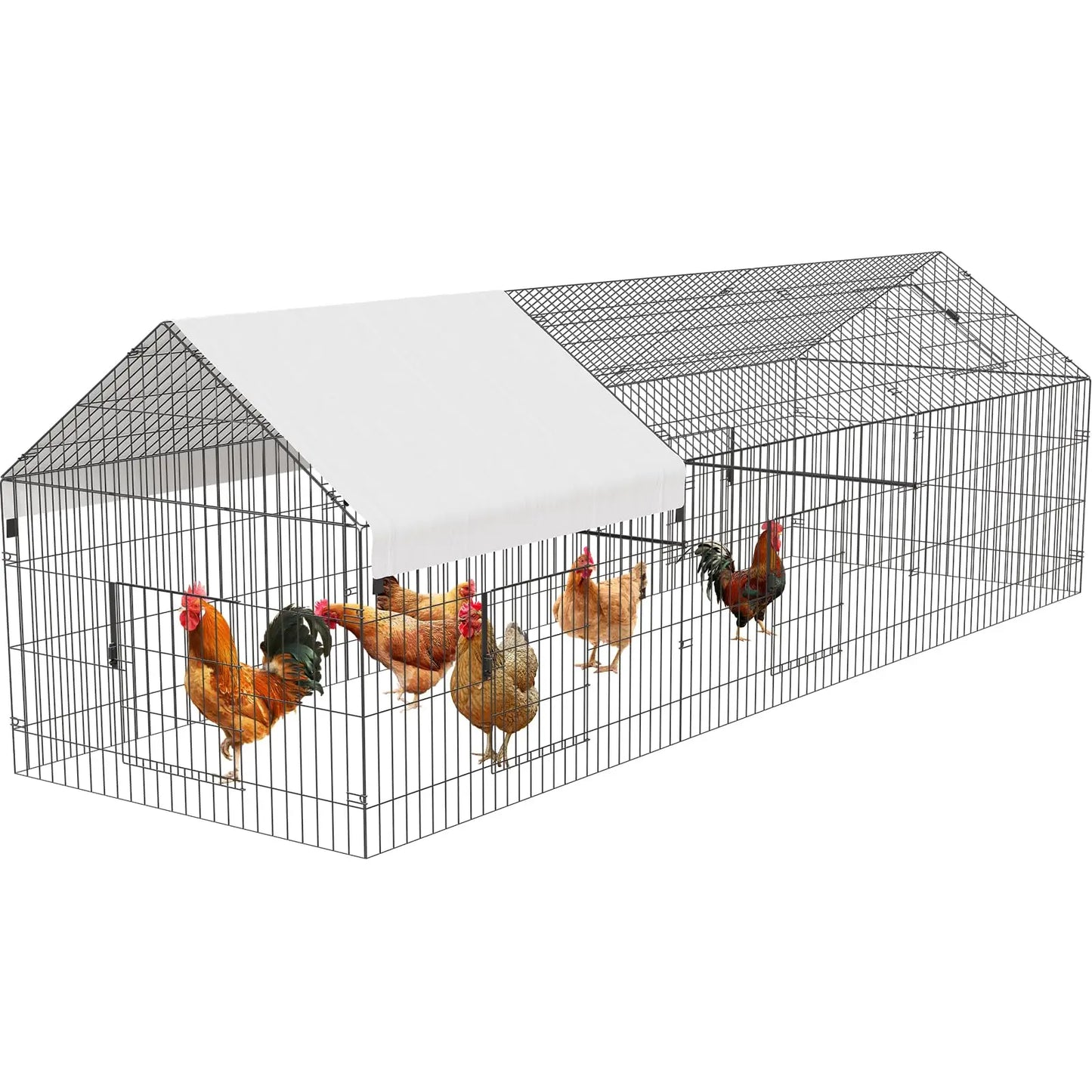 Metal Chicken Coop with Waterproof Cover, Chicken Run Pen for Yard, Outdoor Portable Hen House, Large Animal Cage with 4 Doors