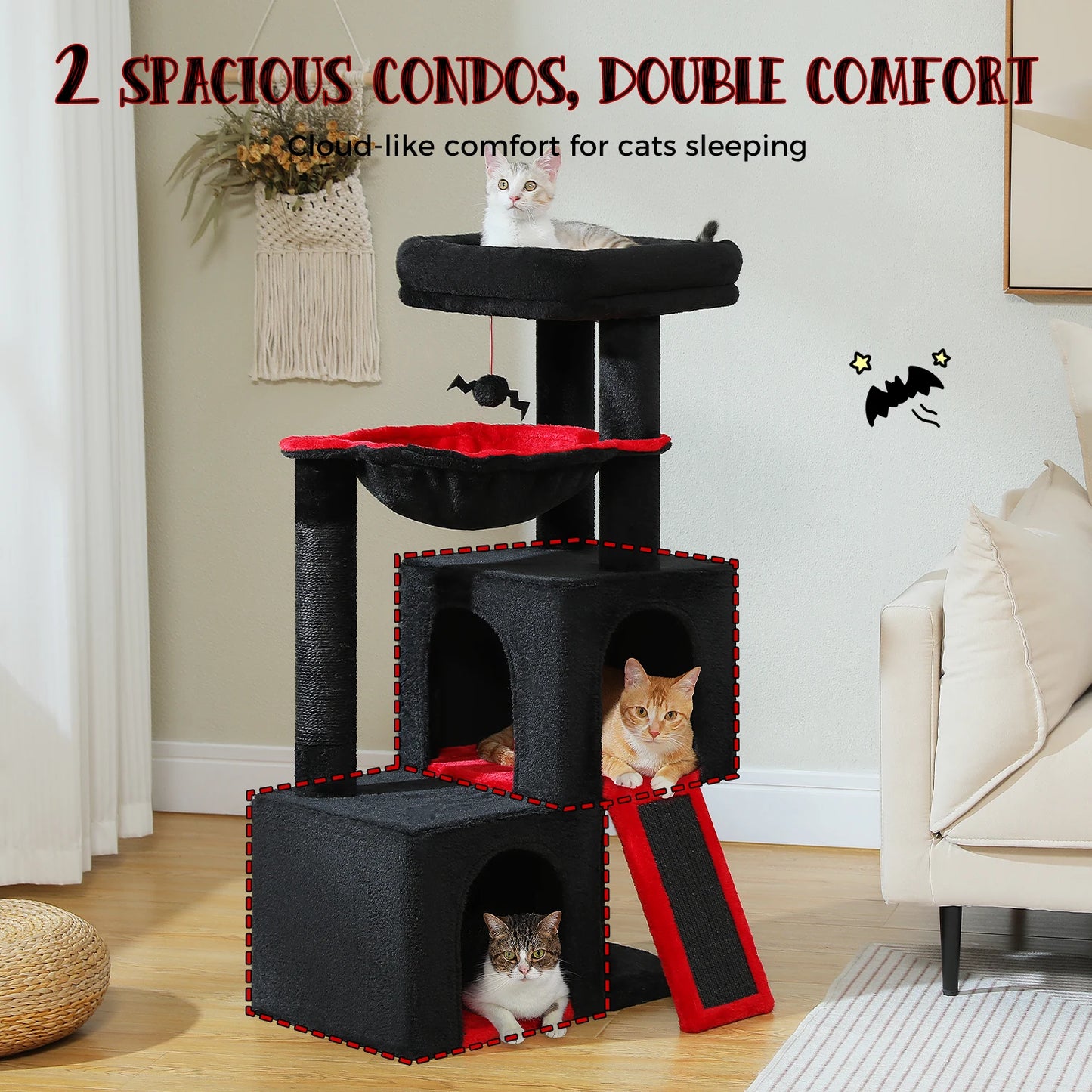 Large Cat Tree Indoor Cats, Multi-Level Cat Tower with Sisal Scratching Post, 2 Spacious Condos, Cat Toys