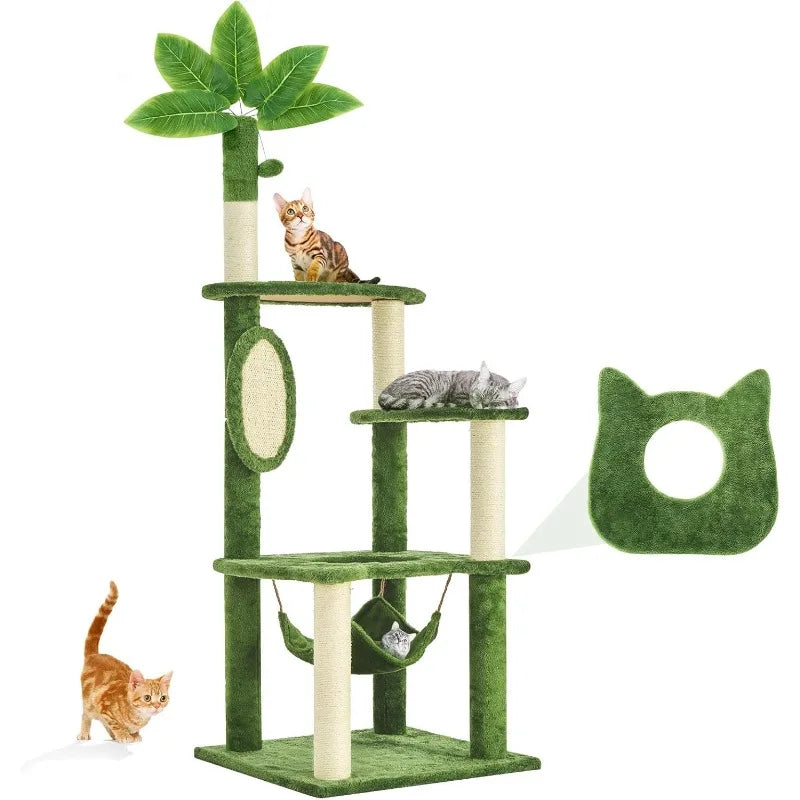 61" Large Cat Tree Tower for Indoor Cats with DIY Green Leaves Scratching Post Multi Soft Hang Ball Plush Cat House Furniture
