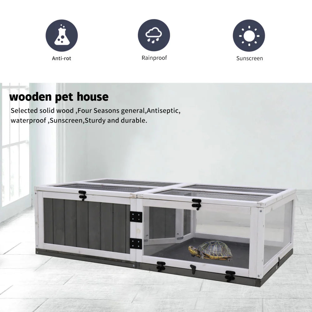 43"Upgrade Waterproof Tray, Activity Tray, Wooden Turtle House Indoor Small Animal Turtle Cage Outdoor Wooden Reptile Cage