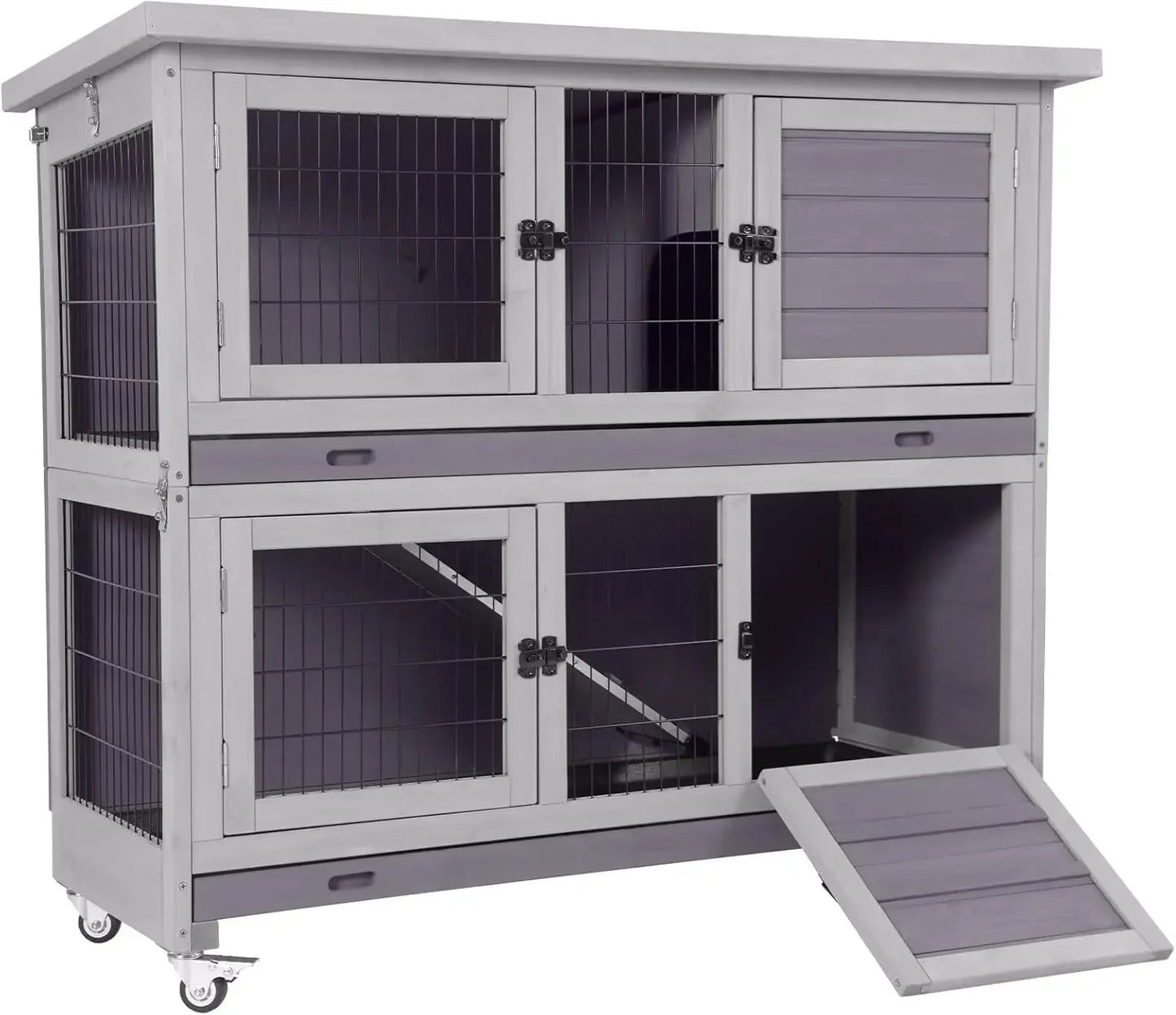 Rabbit Hutch Indoor Outdoor Bunny House Bunny Cage on Wheels with Plastic Tray-47inch