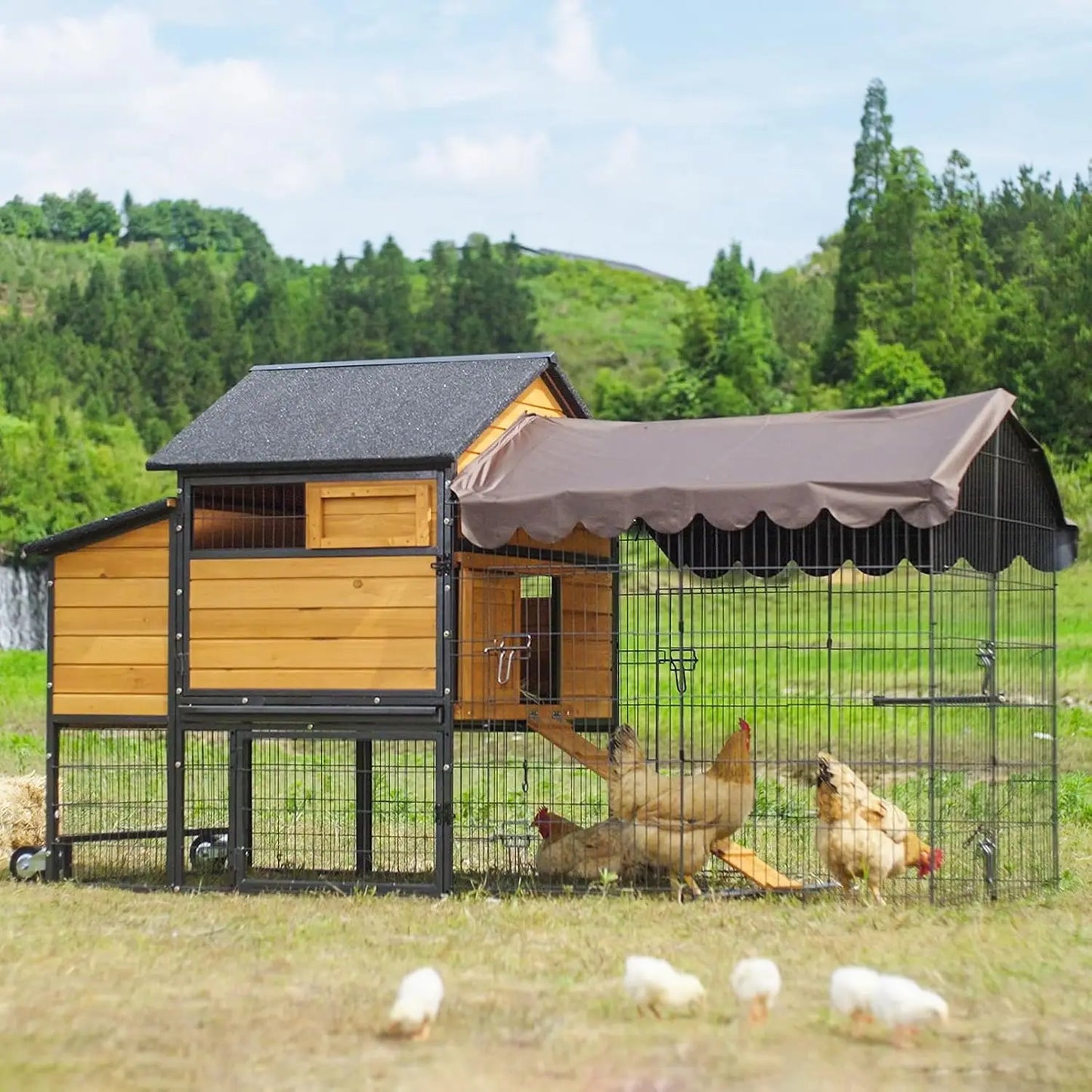 Large Chicken Coop with Metal Frame Mobile Hen House Poultry Cage with Wheels for 4-6 Chickens 85" L