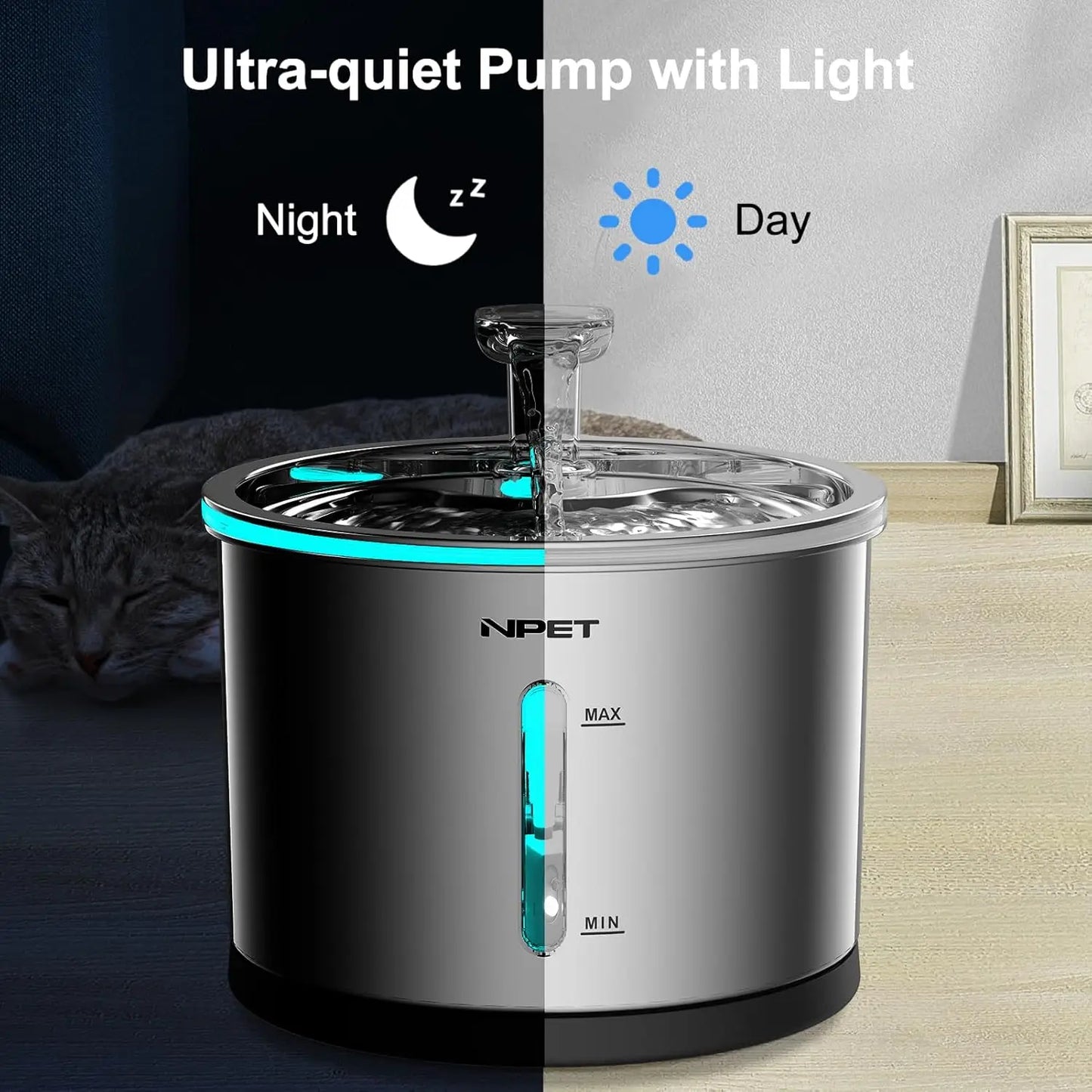 Cat Water Fountain Stainless Steel, 50oz/1.5L Dishwasher Safe Pet Water Fountain with Visible Window Light for Cats