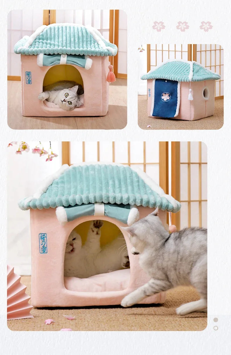 Cat's Nest Warm In Winter All Seasons Universal Cat House Removable and Washable Cat Beds Pet Supplies Closed Cat House Villa