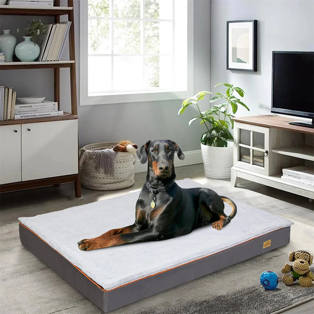 Premium Large Orthopedic Memory Foam Dog Bed Waterproof Pet Jumbo Mattress with Orange Trim Washable Water Resistant
