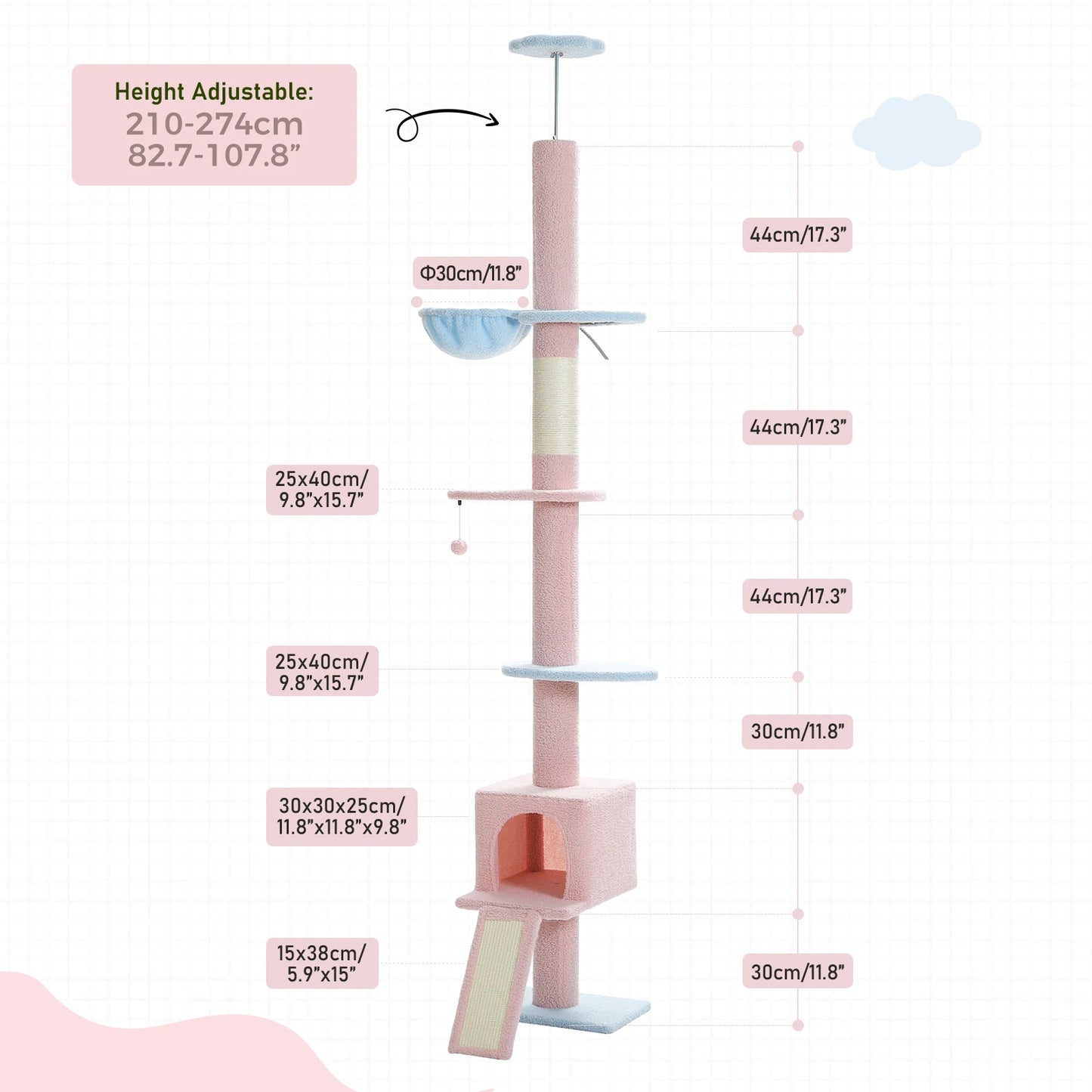 Adjustable Height 210-274CM Cat Tree Floor to Ceiling Tall Cat Climbing Tower with Cozy Condo Hammock Scratching Post Platforms