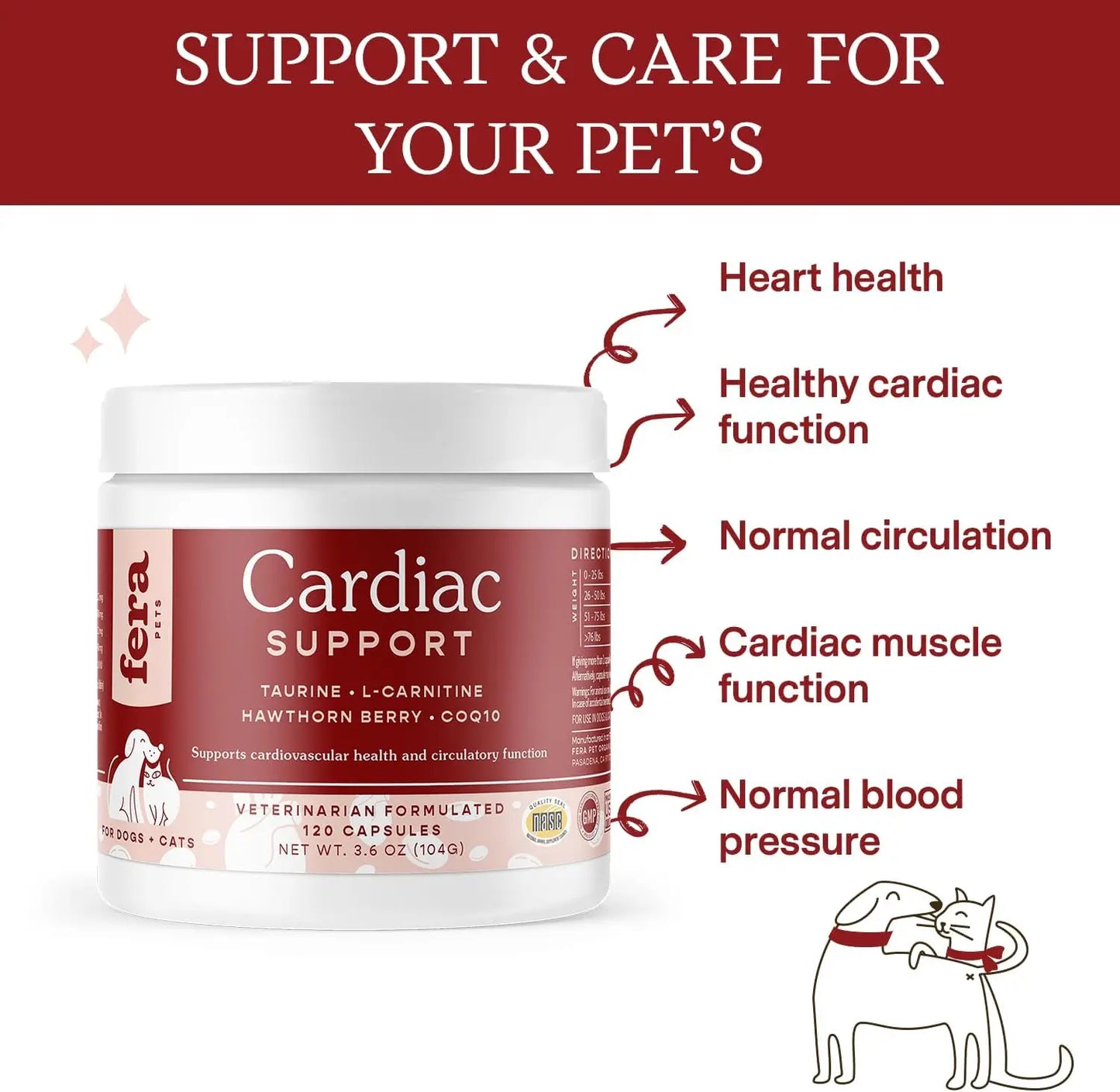 Cardiac Supplement for Dogs & Cats – 120 Capsules - Vet Created -Cardiovascular Function & Strength-Taurine, CoQ10,