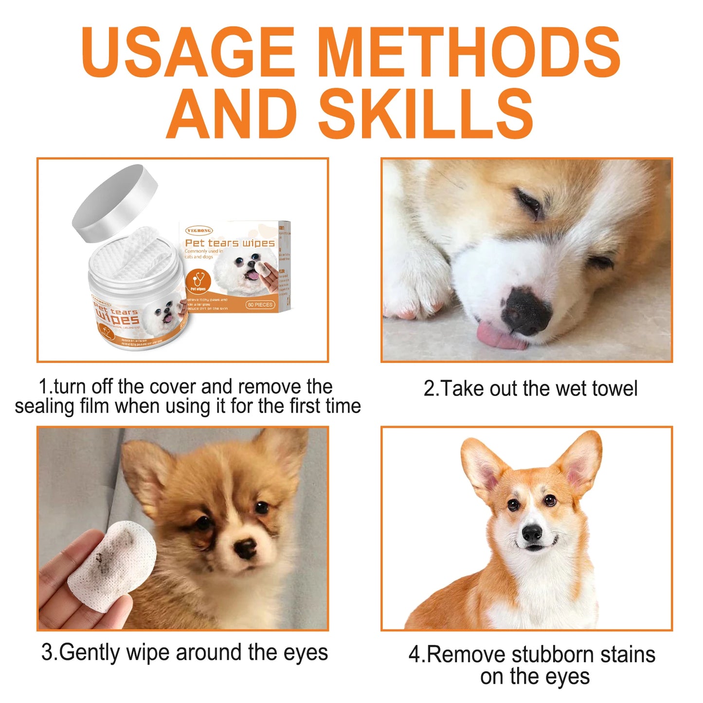 60Pcs/Box Dog Cat Pet Wet Wipes Cleaner Safe Effective Removes Tear Stain Eye Stain Cleaner For Dog Cat Eye Cleaner Pet Supplies