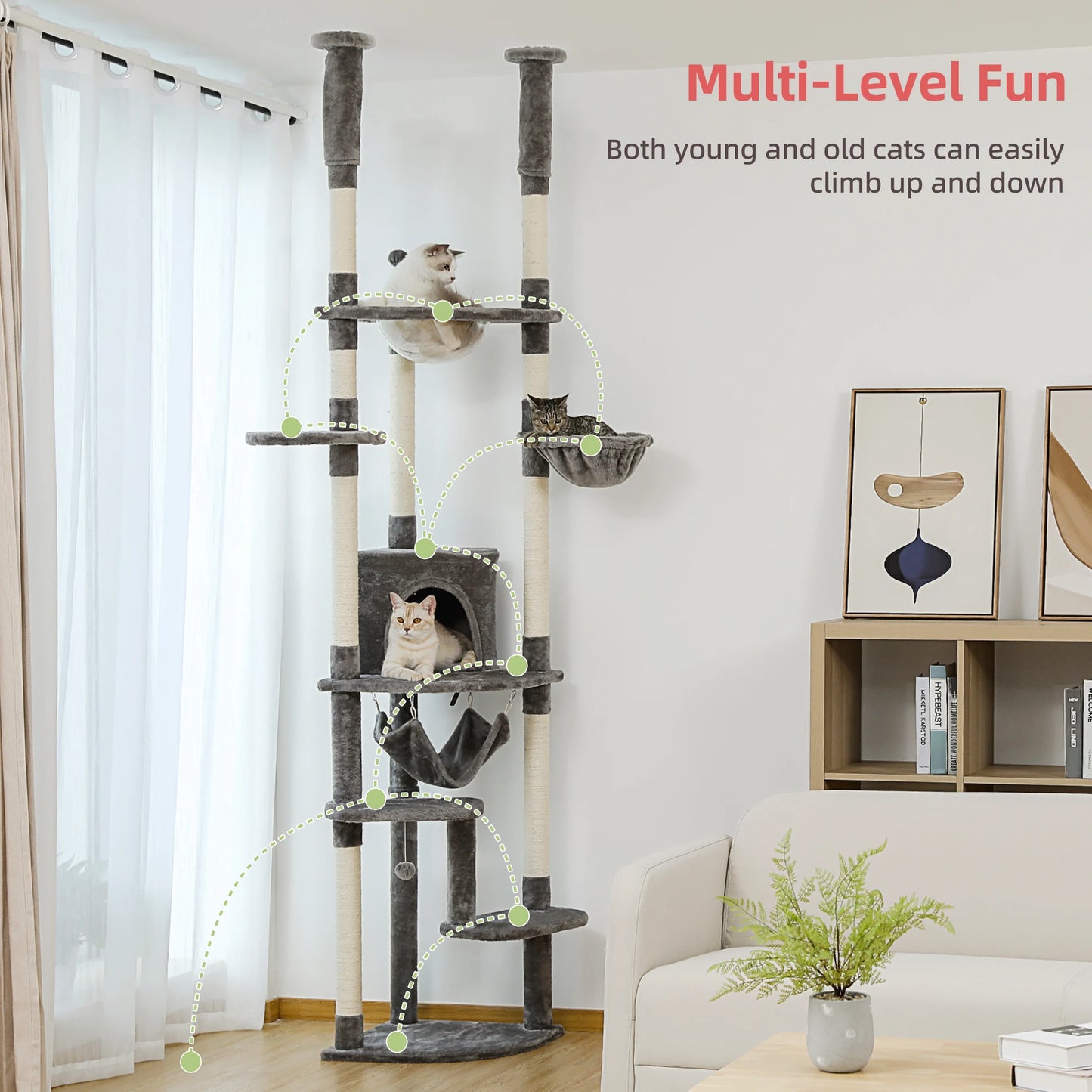Floor to Ceiling Cat Tree Adjustable Cat Tower Tall Kitty Climbing Play House Tall Kitty Climbing Play House with Scratching Posts Cozy Condo Perches Hammock