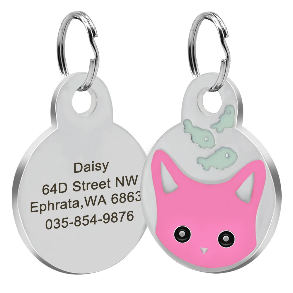 Cute Cat Tag Small Dog ID Tags Free Engraved Name Cats Kitten Name Tag Anti-lost Pet Collar Pendant Fish Shape & Cat Face Tags