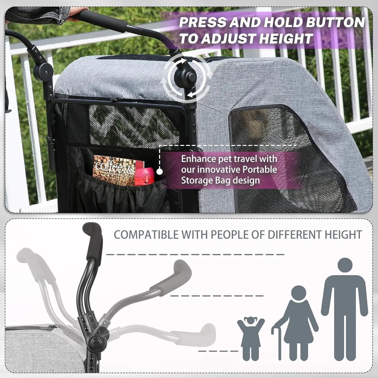 XL Extra Large Dog Stroller Adjustable Handles, Lightweight Folding Pet Stroller for 2 Medium Dogs Dual Entry