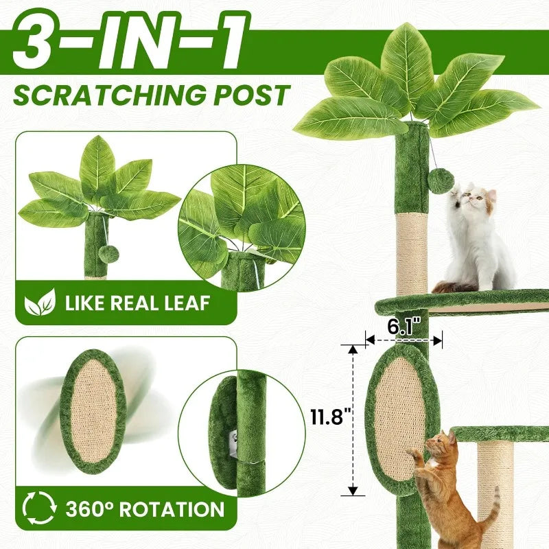 61" Large Cat Tree Tower for Indoor Cats with DIY Green Leaves Scratching Post Multi Soft Hang Ball Plush Cat House Furniture